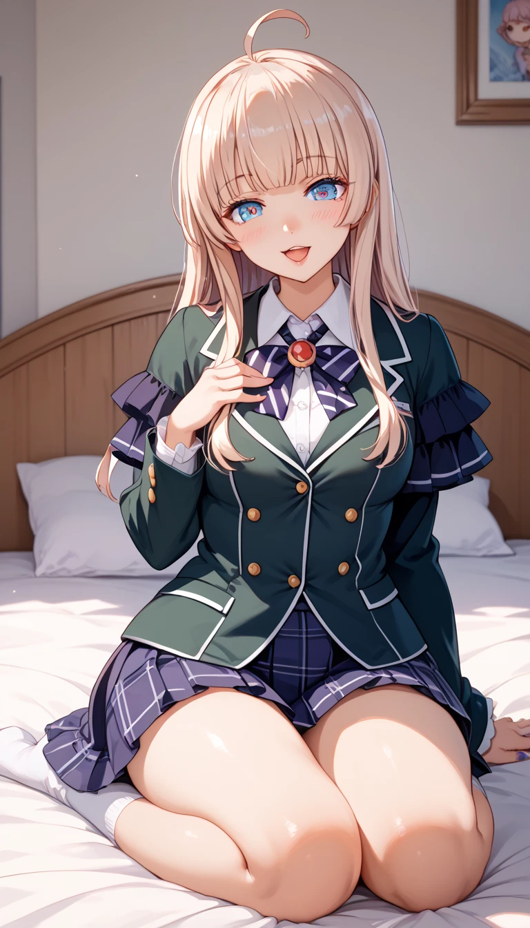 masterpiece,1 girl,huge breasts,smilling,room,whole body,aasena, long hair, hair ornament, black neckerchief, blazer, green jacket, long sleeves, plaid skirt, green skirt