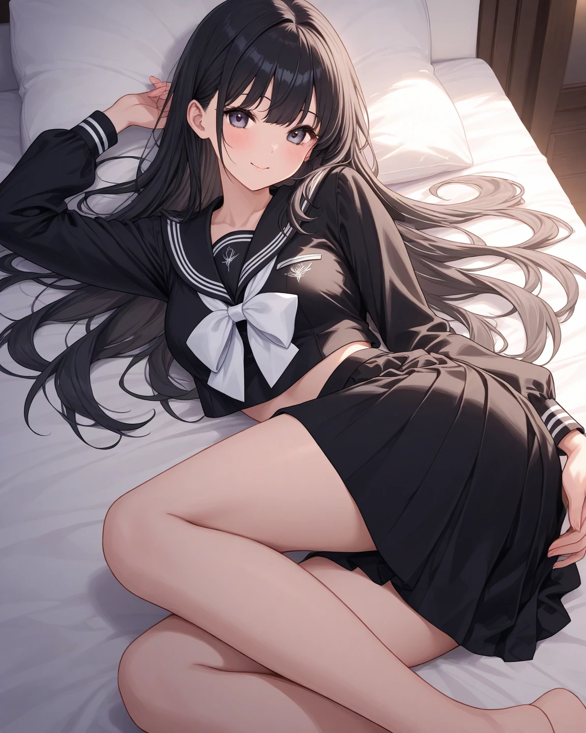 nsfw, 1Girl, lying in bed, lying on back, dark hair, long hair, black long-sleeved sailor uniform, black pleated skirt, (messy clothes: 1.0), (Background: on bedroom bed), Big tits: 1.4, Shy Face, upset,embarrassed,Blushing, Face in agony, Beautiful girl, Sweaty wet skin: 1.3,From above, Full body, Sunset, High quality, High resolution, Detail, masterpiece