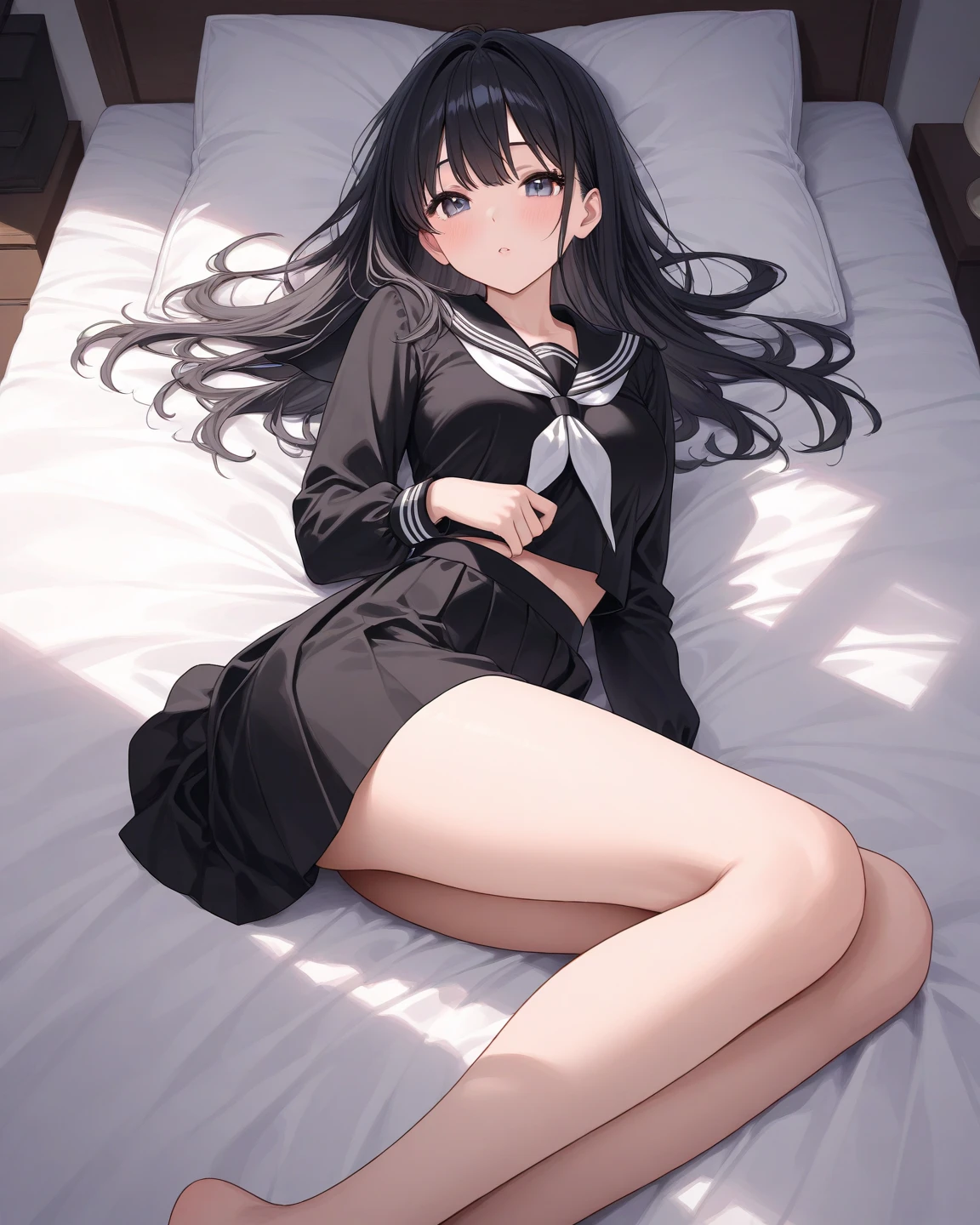 nsfw, 1Girl, lying in bed, lying on back, dark hair, long hair, black long-sleeved sailor uniform, black pleated skirt, (messy clothes: 1.0), (Background: on bedroom bed), Big tits: 1.4, Shy Face, upset,embarrassed,Blushing, Face in agony, Beautiful girl, Sweaty wet skin: 1.3,From above, Full body, Sunset, High quality, High resolution, Detail, masterpiece
