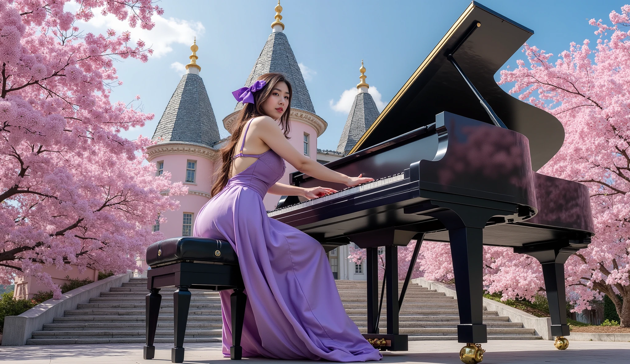 Araffe woman in a purple dress playing a grand piano - SeaArt AI
