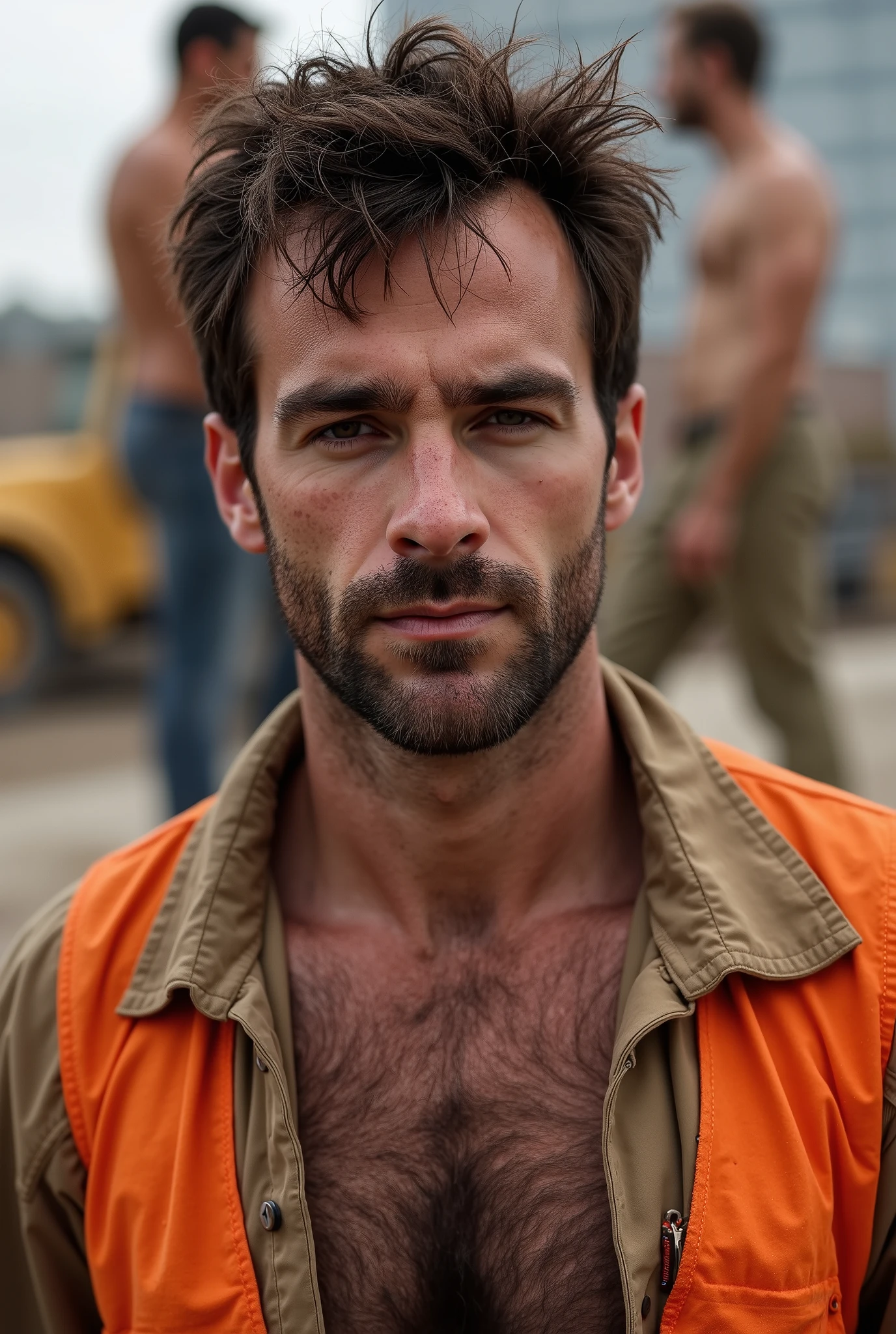 masterpiece, best quality, high resolution, closeup portrait, male focus, solo focus, A man, 40 years old, with construction worker uniform, unbuttoned work clothes, construction worker, hair, messy hairstyle, cute and seductive face, bare chest, body hair, facial hair, roman nose, very skinny body, hairy legs, dimples, beard, bold jawline , in the background a construction site, two men love touch romantic, kneeling, two men kiss, sweaty, sunburnt, orange vest, attractive, view from below, amazing composition, front view, HDR, ultra quality, elegant, highly detailed