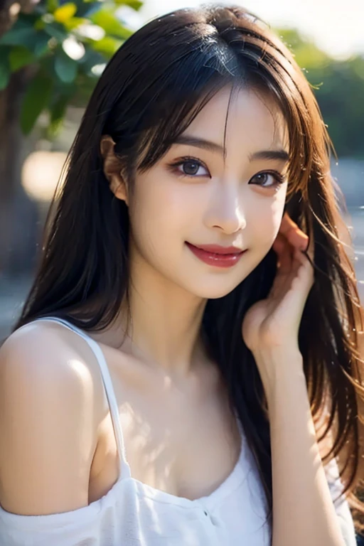 (((8k,Attention to detail,Attention to detail、highest quality,masterpiece,Attention to detail,alone))),RAW Photos & Realistic atmosphere,Beautiful dark eyes,Mouth Details,Glossy Lips,Thin eyebrows,beautiful Eyes、Soft white skin that shines in every detail、Her deep black eyes are very beautiful,Lip details、Very beautiful face,Very beautiful face、A vivid face,beautiful, Glowing Lips,beautiful Eyebrows,Infinite Reality, Realistic Young Gravure Idol,Very cute woman , Young Gravure Idol, Young Gravure Idol, とても美しくてかわいいbeautiful 21 year old beauty,Incredibly beautiful and elegant,beautiful 21 year old beauty,Natural soft light,(Shiny Hair,,beautiful and kind eyes:1.5),A kind smile,Shapely breasts,Long Hair,beautiful posture,No makeup,A little look at the camera,Red Shirt,