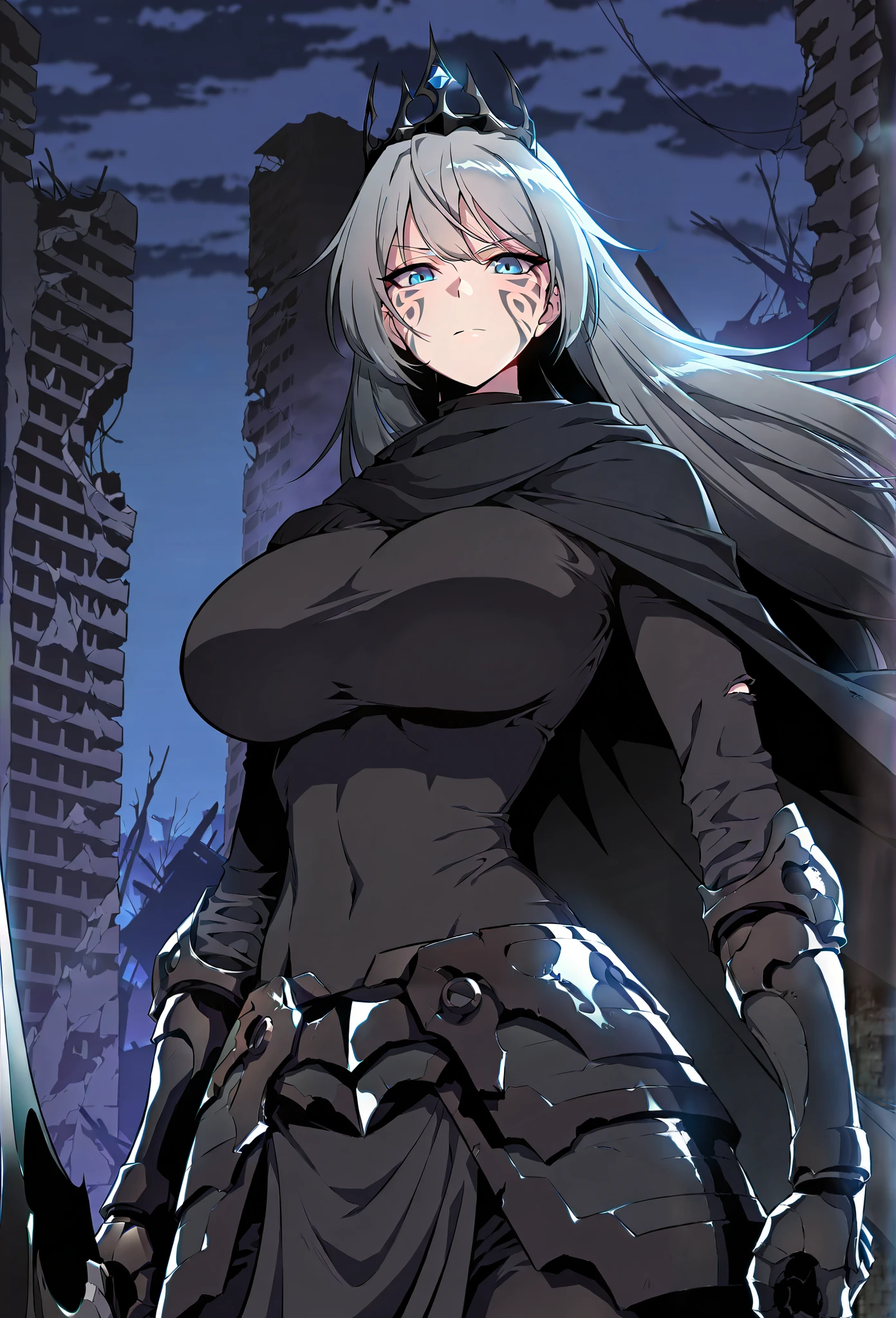  masterpiece,  top quality,  great quality,  is very aesthetic ,  very high resolution , recent, sight, 1 female,  alone,  huge boobs, Face tattoo ,  facial markings ,  blue eyes,  long hair,   gray hair ,  Crown Blade , Between the eyebrows, Black Cloak, Black Armor,  torn clothes,   turtleneck shirt  ,  black shirt, Black Gauntlet , Covered belly button,  black pants,  standing , Upper body, ruins,  dark , night, Exterior ,  viewer ,  shiny skin ,  masterpiece,  top quality,  great quality,  is very aesthetic ,  very high resolution , recent, sight