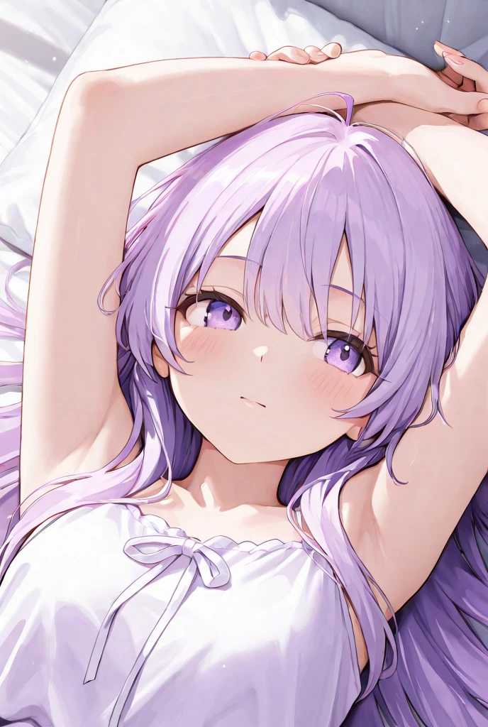 alone, good looking,1. woman,Straight hair, Long Hair,Purple Hair,Purple eyes,Soft impression,camisole,Highest,skin,,smile,,Purple Background,sexy,tits,bed,lie down,Nipples
