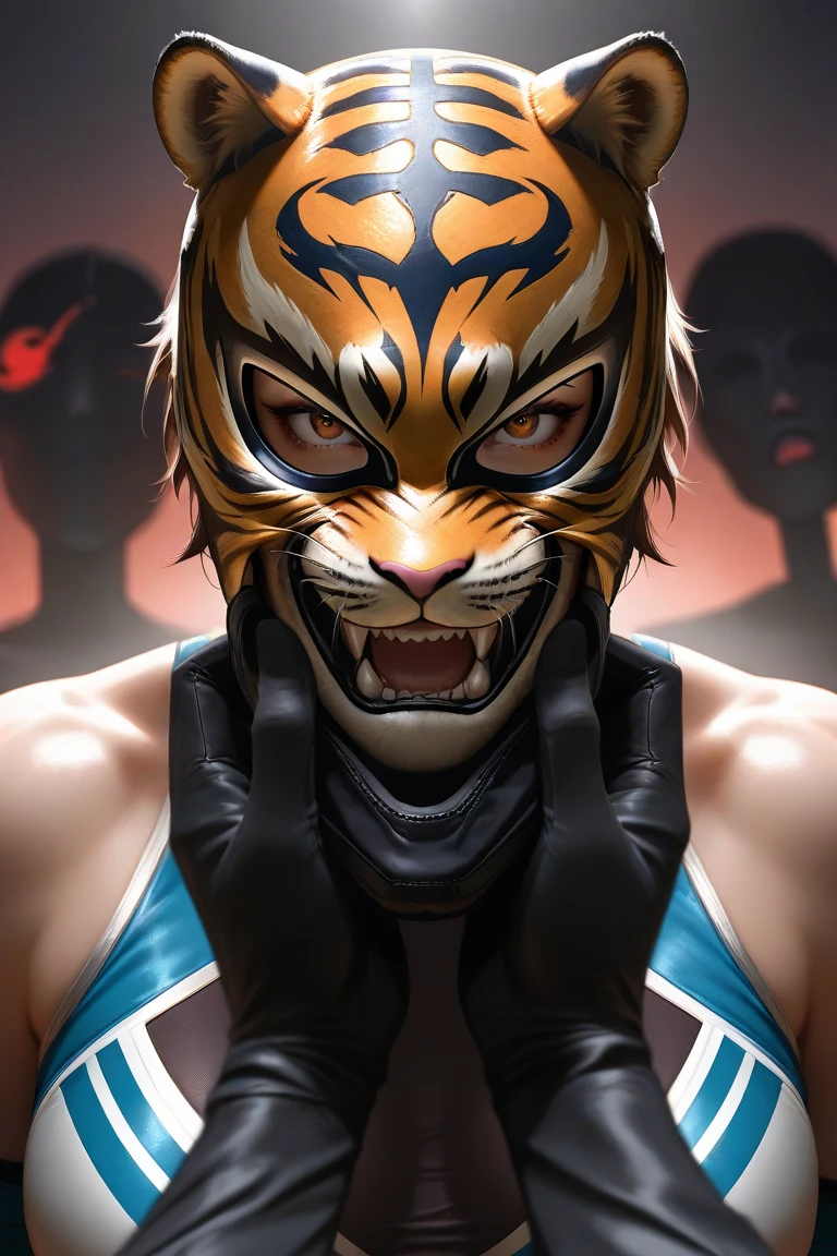 Mexico wrestler, (( jaguar mask with open mouth)) (29 old) playing at an arcade machine, (tattoos on his body), (RTX) cinematic film shot in 70mm, depth of field, vivid colors, (best quality,ultra-detalhado,Realistic:1.37), (8k, ARTISTIC photography, best quality, masterpiece: 1.2), (realistic, photorealistic: 1.37), over-detailed, (high-detail skin: 1.2), 8k UHD, SLR camera, soft lighting, high quality, film grain, cinematic lighting, photonic display, brightness, physically rendered photo, (dynamic pose ), extremely high-quality graphics, over-detailed face, (((cinematic lighting))), ((clear details)),