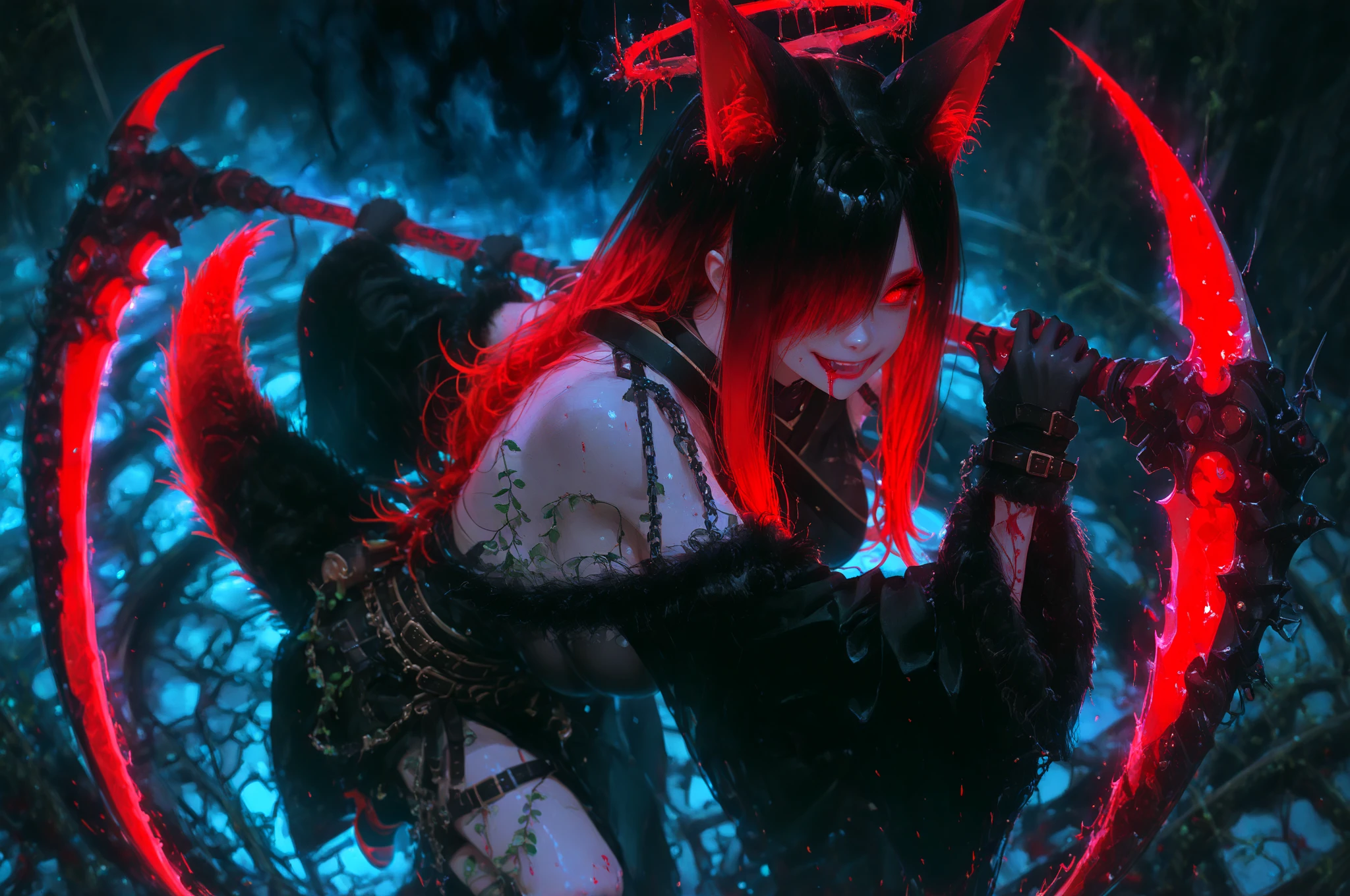 (best quality,4k,8k,highres,masterpiece:1.2),ultra-detailed,woman,make-up,demon,redhead,white horns,yellow eyes,playing flute,dark fantasy,ethereal atmosphere,vibrant colors,soft lighting,gothic aesthetic,mysterious shadows
