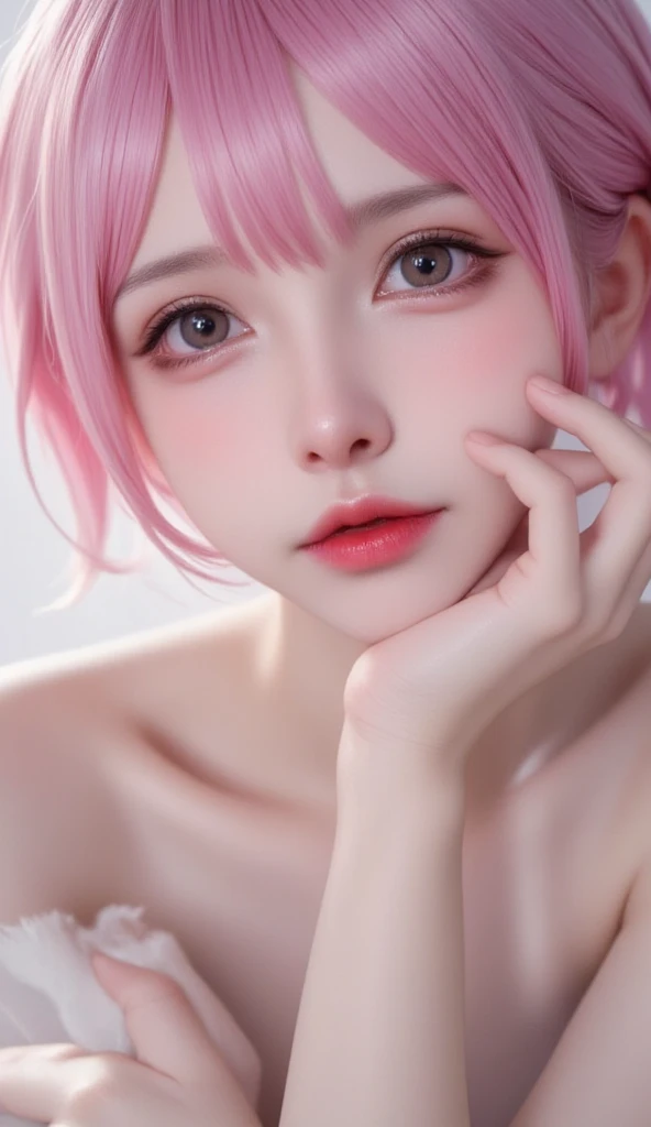 beautiful japanese young woman, wearing spiderman armor made of milk, thick symmetrical features, very short hair, background is cherry blossoms, pink aura, red lips, octane render,