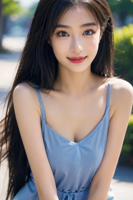 Dark brown hair、Light brown eyes、Japanese actress、 Lady、I am about 40 years old...........、(Intricate details:1.2)、 (Ultra-high resolution:1.2)、Ultra-high resolution、(Finely tuned)、(Detailed facial features)、Hmph、8K resolution、D cup size breasts、Long Hair、TulleTop、FrillsTop、Tulle　Frills　Top、Denim pants、At the terrace cafe、Basking in the sunshine、Sitting on a chair on the terrace、summer、hot、
