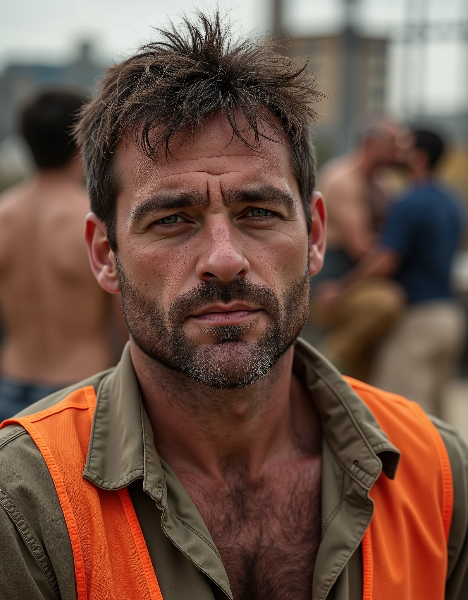 masterpiece, best quality, high resolution, closeup portrait, male focus, solo focus, A man, 40 years old, with construction worker uniform, unbuttoned work clothes, construction worker, hair, messy hairstyle, cute and seductive face, bare chest, body hair, facial hair, roman nose, very skinny body, hairy legs, dimples, beard, bold jawline , in the background a construction site, two men love touch romantic, kneeling, two men kiss, sweaty, sunburnt, orange vest, attractive, view from below, amazing composition, front view, HDR, ultra quality, elegant, highly detailed