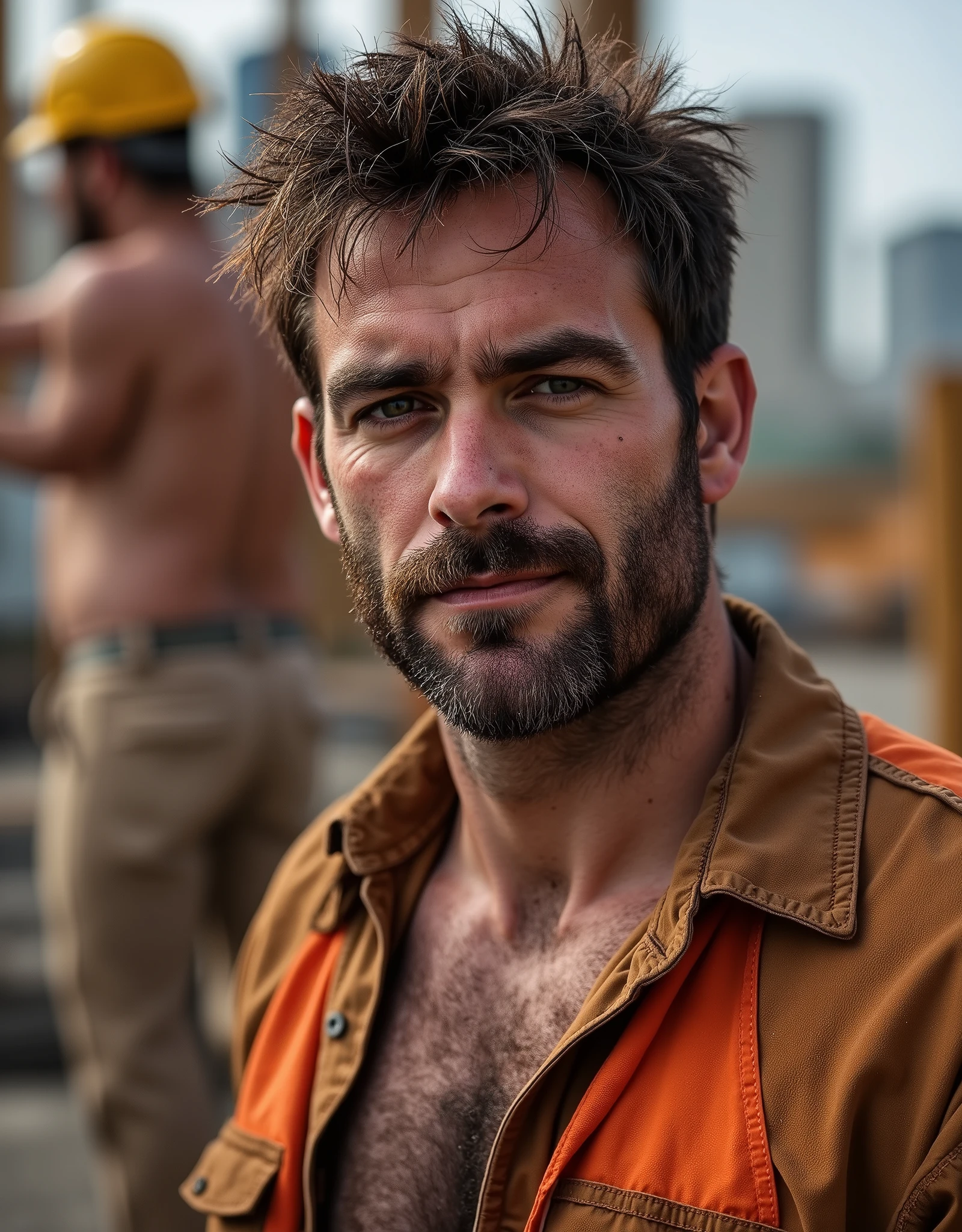 masterpiece, best quality, high resolution, closeup portrait, male focus, solo focus, A man, 40 years old, with construction worker uniform, unbuttoned work clothes, construction worker, hair, messy hairstyle, cute and seductive face, bare chest, body hair, facial hair, roman nose, very skinny body, hairy legs, dimples, beard, bold jawline , in the background a construction site, two men love touch romantic, kneeling, two men kiss, sweaty, sunburnt, orange vest, attractive, view from below, amazing composition, front view, HDR, ultra quality, elegant, highly detailed