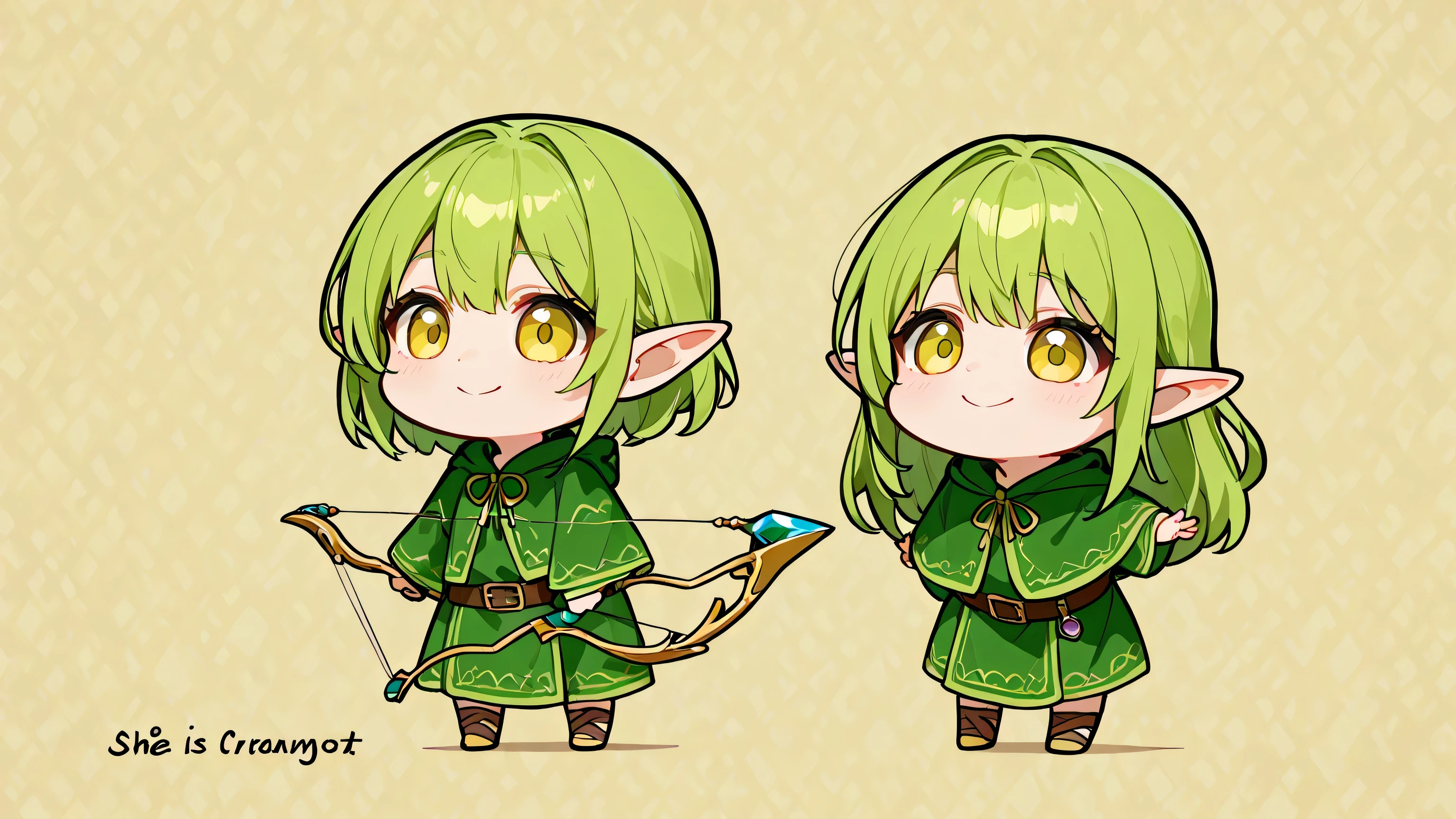 Draw only one character in the image. best quality, Alone, フラット color, color, chibi , A chibi-style, two-heads-tall girl with pointed ears and long green hair. She is elf. She is wearing a green short robe adorned with magical patterns She has a bow and arrow. She is standing in a cute and confident pose, facing forward with a big, cheerful smile. The background is a plain yellow, making her the central focus of the image.