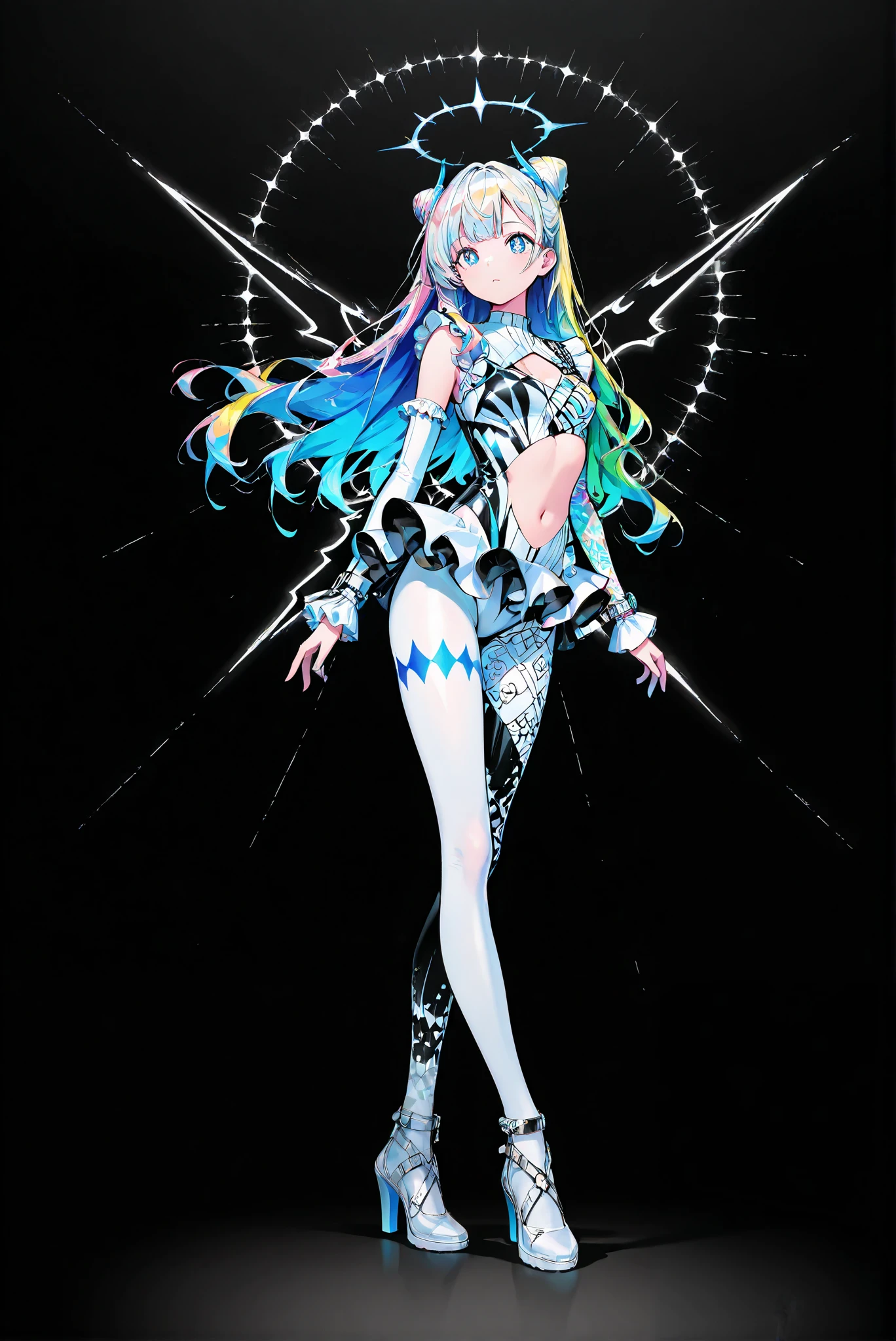 hud_asym_leot4rd , bodysuit, asymmetrical clothes, midriff, white leotard, single pants
,limited palette, Black Background ,Colorful, vivid colors ,Flashing silhouette ,neon,black light ,watch, Masterpiece, very beautiful ,, ( stands,whole body, high heels:1.7),Ctianmus3, +_+, blue eyes,short dress, white pantyhose, detached sleeves, clothing cutout, navel, frilled sleeves,