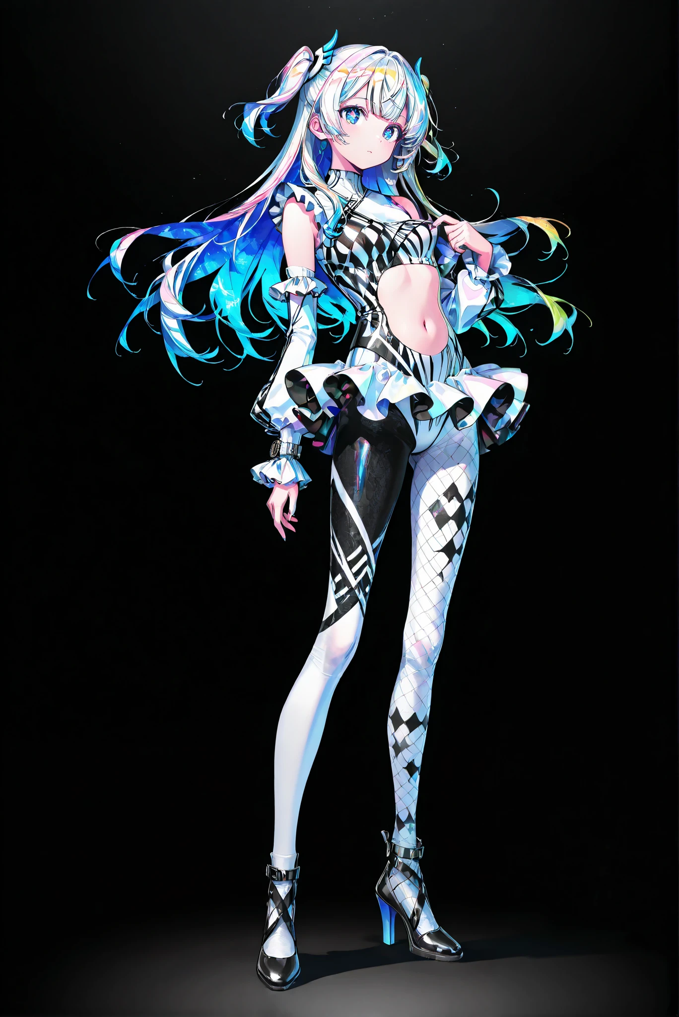 hud_asym_leot4rd , bodysuit, asymmetrical clothes, midriff, white leotard,  single pants
,limited palette, Black Background ,Colorful, vivid colors ,Flashing silhouette ,neon,black light ,watch,  Masterpiece,  very beautiful ,, （ stands，whole body， high heels:1.7)，Ctianmus3, +_+,  blue eyes,short dress, white pantyhose, detached sleeves, clothing cutout, navel, frilled sleeves,