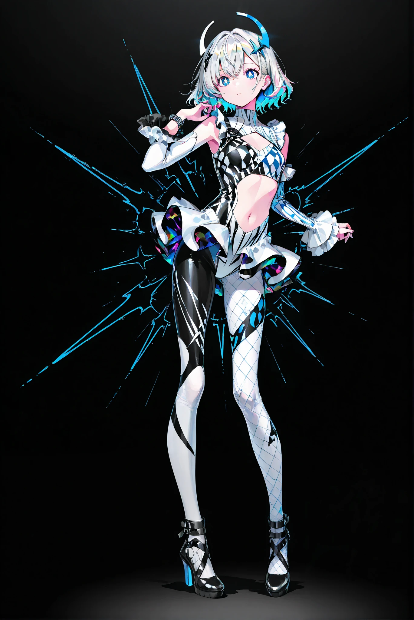 hud_asym_leot4rd , bodysuit, asymmetrical clothes, midriff, white leotard,  single pants
,limited palette, Black Background ,Colorful, vivid colors ,Flashing silhouette ,neon,black light ,watch,  Masterpiece,  very beautiful ,, （ stands，whole body， high heels:1.7)，Ctianmus3, +_+,  blue eyes,short dress, white pantyhose, detached sleeves, clothing cutout, navel, frilled sleeves,