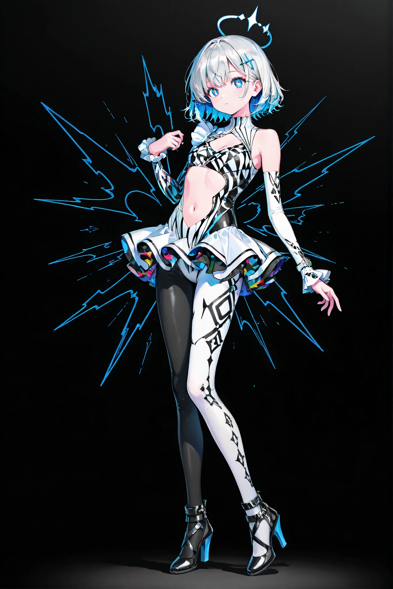 hud_asym_leot4rd , bodysuit, asymmetrical clothes, midriff, white leotard, single pants
,limited palette, Black Background ,Colorful, vivid colors ,Flashing silhouette ,neon,black light ,watch, Masterpiece, very beautiful ,, ( stands,whole body, high heels:1.7),Ctianmus3, +_+, blue eyes,short dress, white pantyhose, detached sleeves, clothing cutout, navel, frilled sleeves,