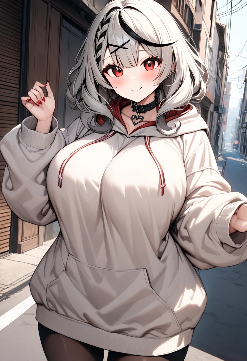 One Girl, alone, Big eyes, Wicked Smile,hoodie, Pleated skirt, (JK:1.2),Large Breasts、Attractive breasts、Waistline