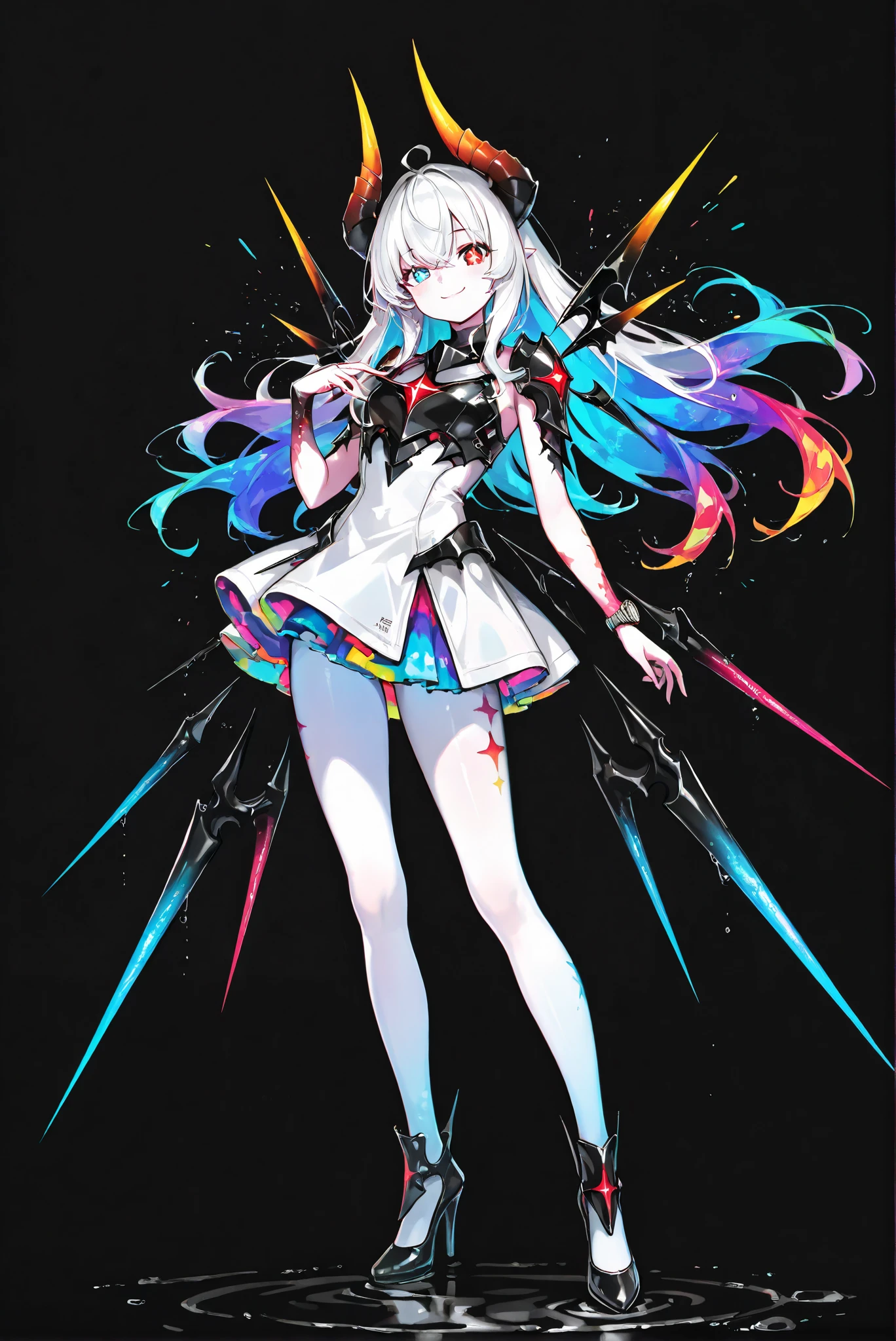 , Cruel Smile , humble smile, Denim Shooter ,curved,
Cover one eye with edgy demoness ,red eyes, horn, armor, Monster Girl, Black condensation ,peak, hair,luminous, ,limited palette, Black Background ,Colorful, vivid colors ,Flashing silhouette ,neon,black light ,watch, Masterpiece, very beautiful ,, ( stands,whole body, high heels:1.7),Ctianmus3, +_+, blue eyes,short dress, white pantyho
