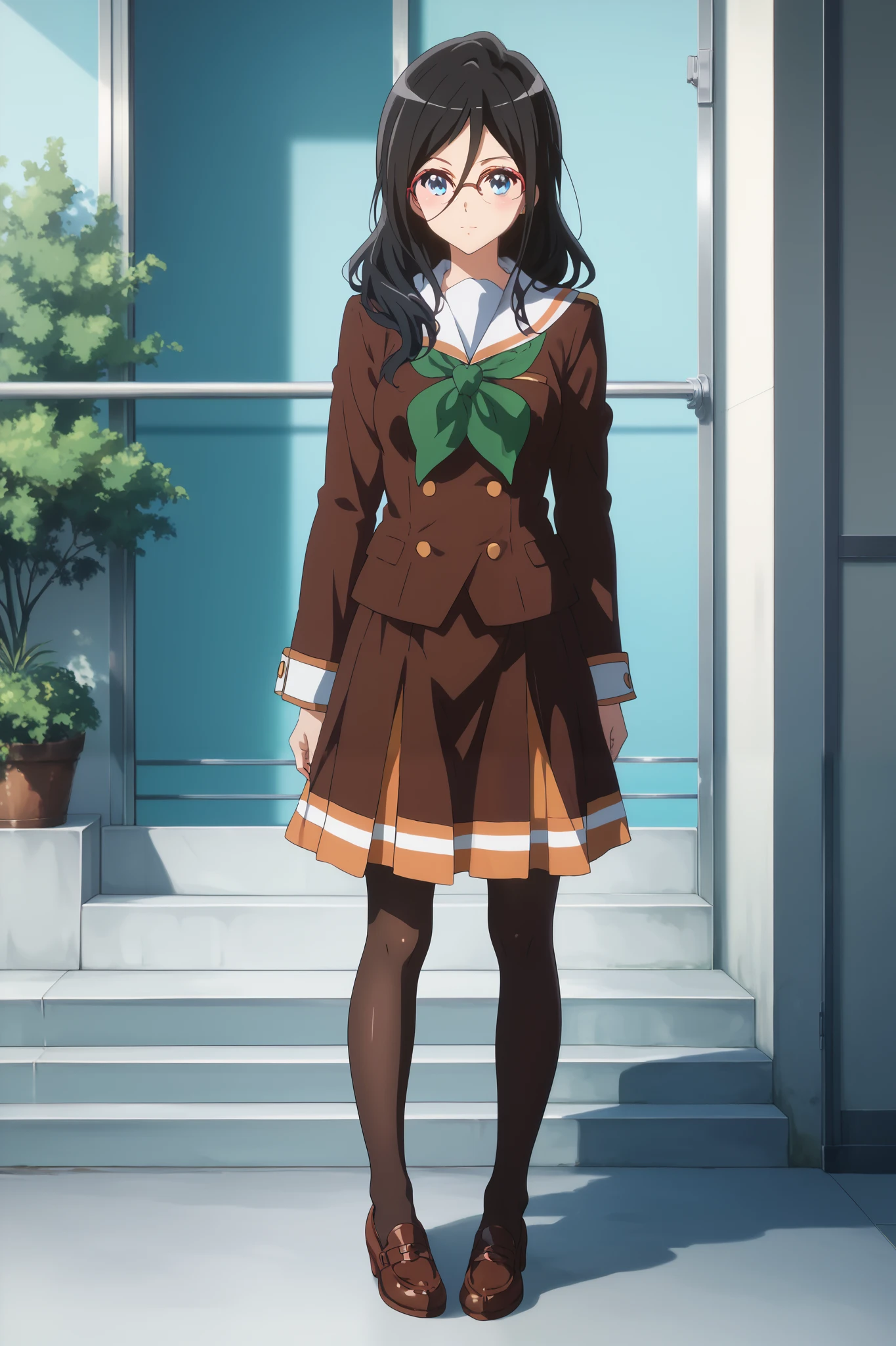 ((inspired by Asuka Tanaka , Sound! Euphonium))(masterpiece, best quality),beautiful,beautiful-woman, ((detailed face)).(full body:1.3).,
tanaka asuka, hibike! euphonium, black hair, glasses, blue eyes, long hair, over-rim eyewear, kitauji high school uniform, green neckerchief, brown shirt, brown skirt, pantyhose, solo, cowboy shot,asuka tanaka, long hair, black hair, blue eyes, glasses, semi-rimless eyewear, red-framed eyewear, over-rim eyewear, hair between eyes,