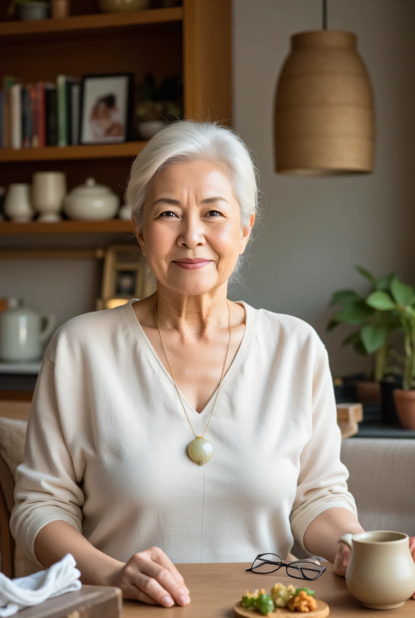 Elderly Thai Woman in a Modern Urban Setting with a Warm and Wise Presence
Medium Close-Up Shot, straight-on angle
Subject: A 75-year-old Thai woman with a petite but strong build. Her pure white hair is neatly tied into a low bun, with a few loose strands softly framing her gentle, wrinkled face. Her deep brown eyes radiate warmth and wisdom. She has smooth but naturally aged, honey-toned skin, reflecting a lifetime of experience and care.
She wears a soft, loose-fitting linen blouse in neutral or pastel tones, paired with comfortable, modern cotton pants. Her outfit is simple yet elegant, blending tradition with contemporary urban style. A small jade pendant necklace rests on her chest, a subtle nod to her heritage. She has well-maintained hands, slightly wrinkled but steady, showing years of experience in cooking and caring for others.
She sits upright on a cushioned chair, hands resting gently in her lap. Her expression is calm and inviting, with a soft, knowing smile. Her gaze is direct but warm, as if she is about to share a heartfelt story or offer sage advice.
A ceramic tea set on a wooden table, accompanied by a plate of homemade snacks. A neatly folded cloth napkin and a pair of reading glasses rest nearby, suggesting a moment of quiet reflection.
A modern but cozy living room or kitchen with soft, natural lighting. Wooden shelves lined with neatly arranged books, potted plants, and decorative ceramics add warmth to the space. The walls are adorned with a mix of family photos and traditional artwork. In the kitchen setting, there are well-organized countertops with neatly arranged spice jars, a steaming pot on the stove, and a warm, inviting atmosphere.
The character is centrally framed, emphasizing her presence while allowing the background elements to provide context. The balance of textures—soft fabrics, wood, and ceramic—enhances the warm and homely feel.
Tone and Atmosphere: Warm, intimate, and inviting. The blend of traditional and mo