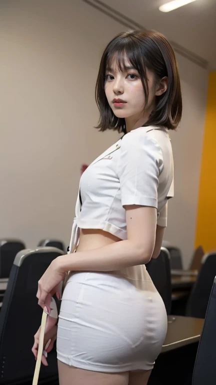 White socks、Work as a manager (In the Dark), In a dimly lit office, ((Standing and showing off pubic hair)), Legs spread wide, blouse, ID card, squat, Put your hair up, floor, Sealing, sneakers,