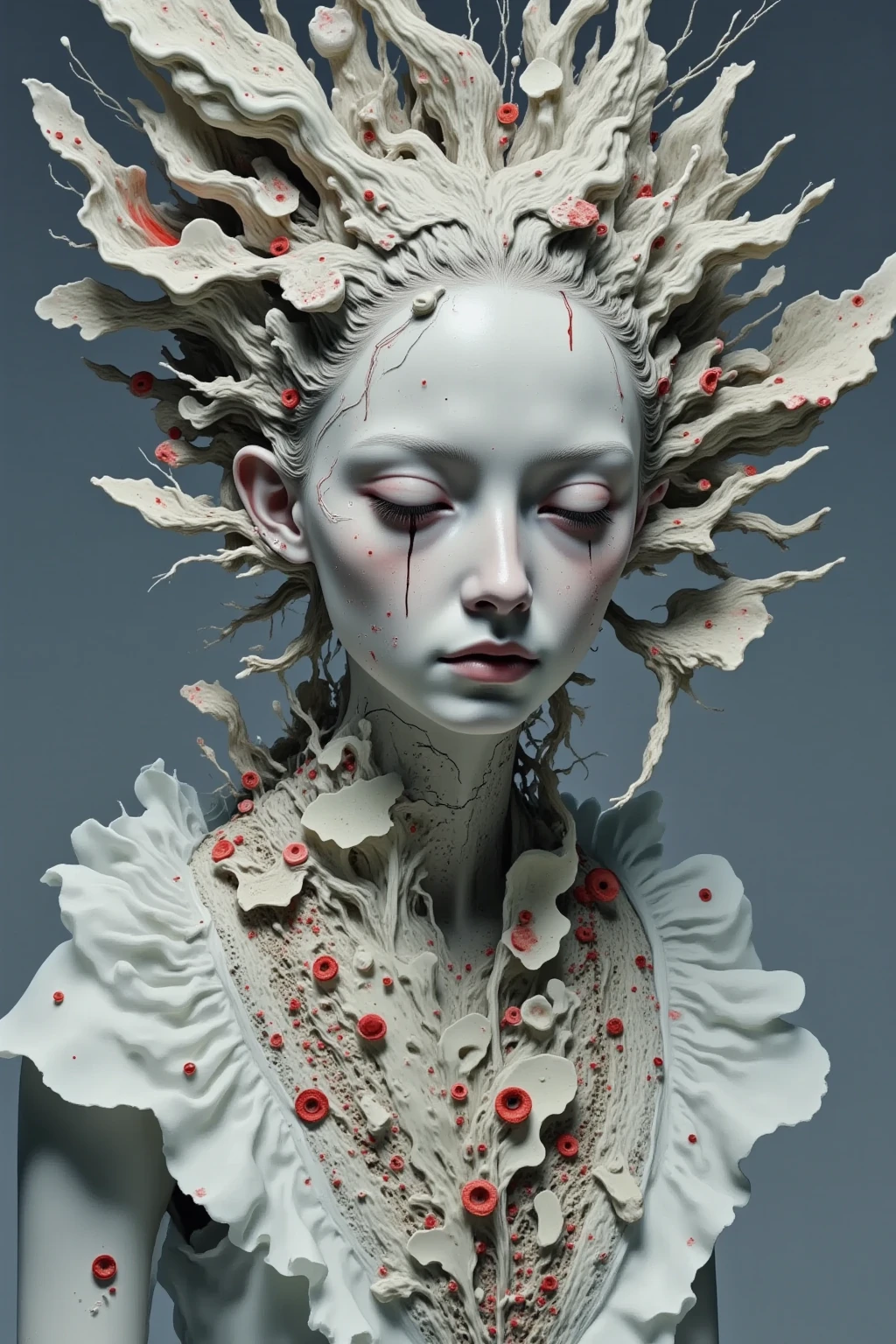 The sculpture is broken and (crying:1.5), Design of a modern unusual sculpture made of white matte plaster., the sculpture depicts the face of a beautiful alien woman with an elongated head with (large elongated and slanted eyes):1.345, (the alien's eyes are full of transparent tears):1.4055), (((слезы накапливаются в глазах и текут down)))over (((rough alien cheeks))) down, Tears are dripping from the alien's sharp chin, (Tears dripping:1.5 turn into stylized red butterflies) and fly apart, the alien has a beautiful (((High forehead))), part of the sculpture has (cracks and chips on the forehead):1.6055), Modern Art, A high resolution, crying and tears, butterfly tears, butterfly drops, the rough texture of the alien's mow is shown in detail