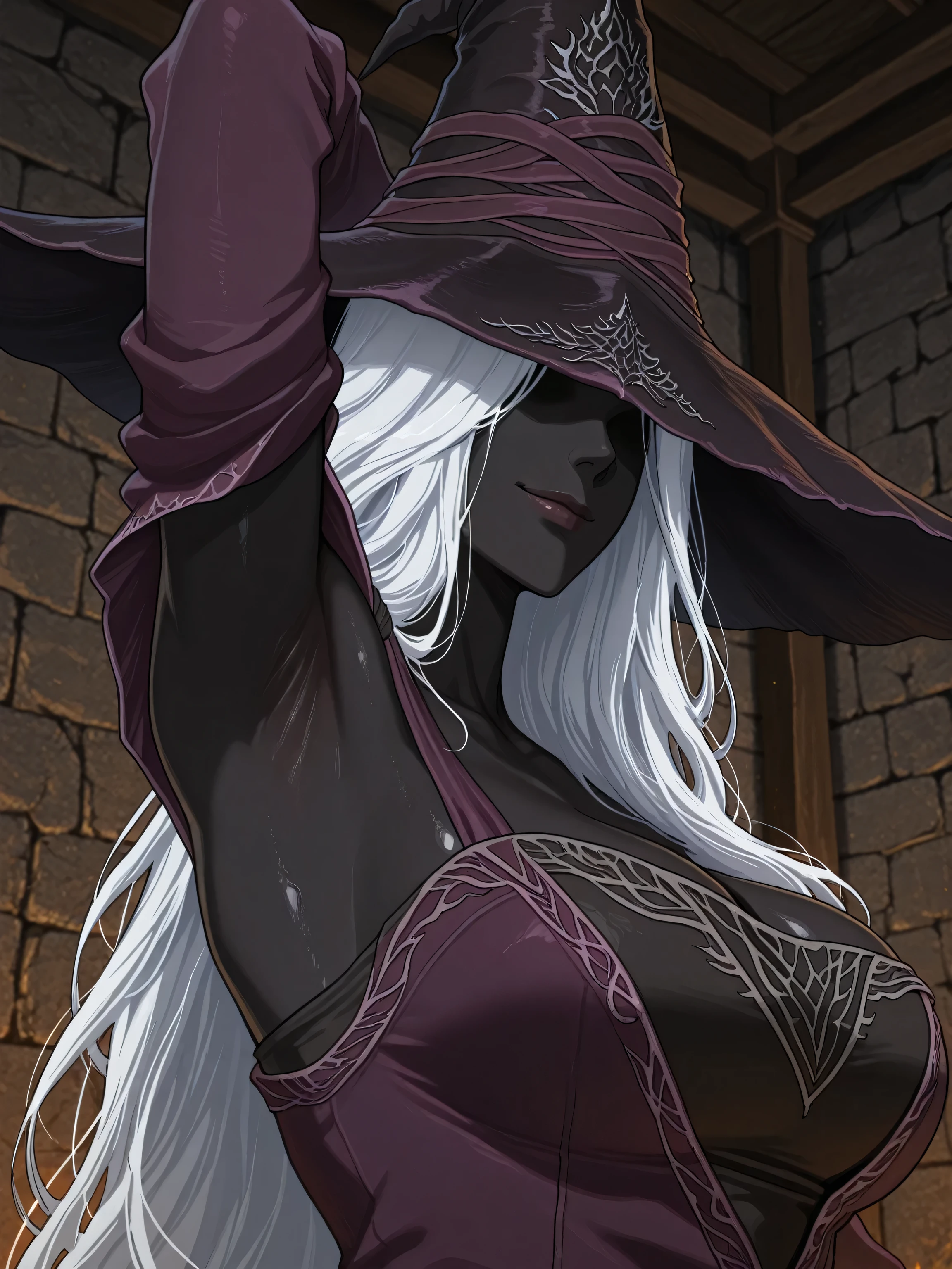 score_9, score_8_up, score_7_up, score_6_up, score_5_up, score_4_up, solo, necromancer lady, white hair, long fluffy side locks, hair tubes, big thick full lips, ((pouted lips)), ((mature woman)), ((NSFW)), sexy, saddened face, tears, gold bracelets and necklaces, ((body jewelry)), topless, (((hooded cloak))), tattered black cloak, tattered pelvic black curtain, ((blindfold)), pelvic curtain, sandals, (((gigantic breasts))), ((sagging breasts)), big nipples, wide hips, thick thighs, intricate details, detailed background, sharp focus, ((underground tomb)), mist fog, cemetery, gravestones, moon, spirits, dynamic, expressive, bleak world, ((clasped hands)), 