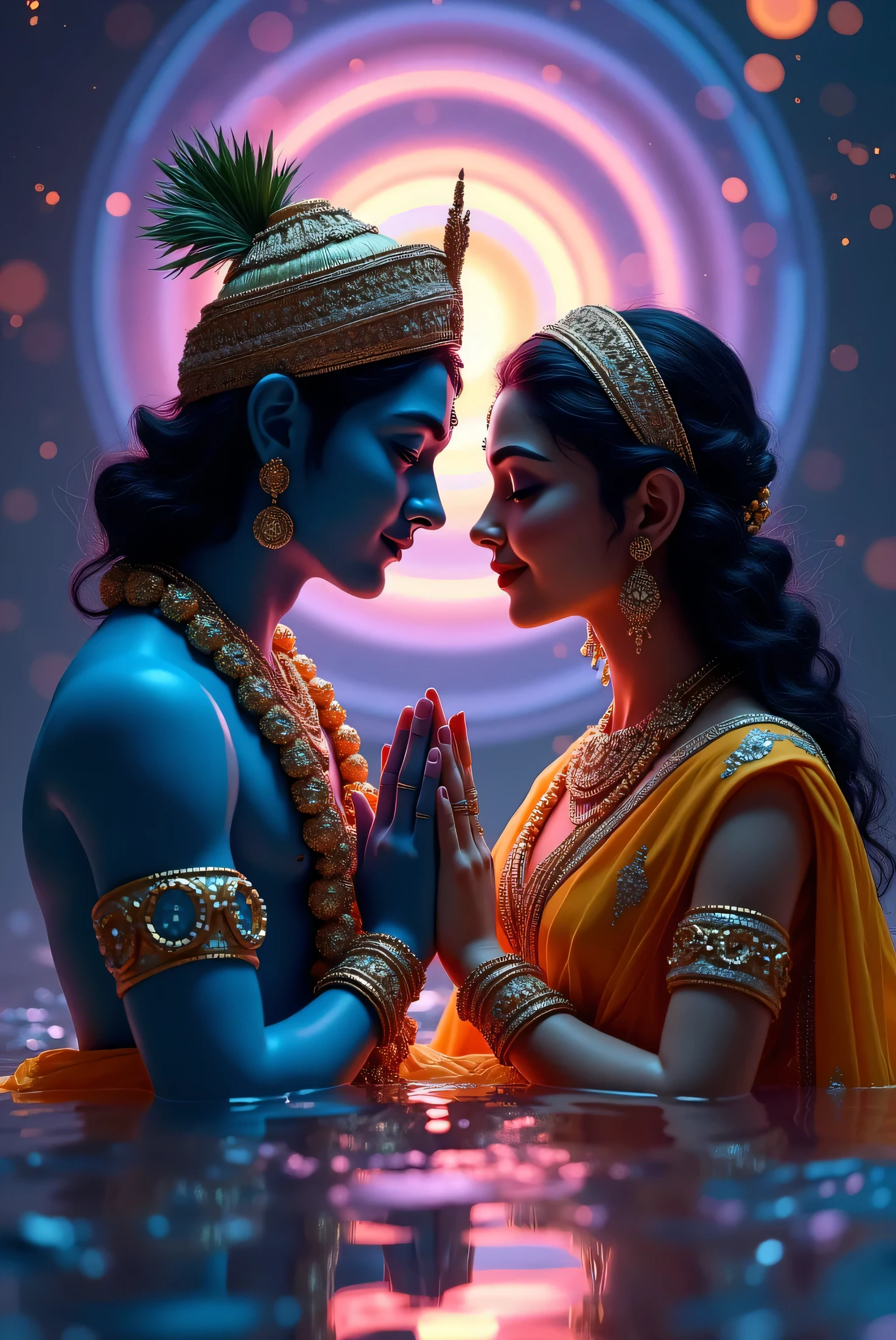 Lord Krishna and goddess radha Two figures, a man and a woman, depicted as Hindu deities, are positioned in a loving embrace. Both are young adults, with the man having a darker complexion and the woman a lighter complexion, both are adorned with elaborate traditional Indian headwear, jewelry, and intricate clothing. The man's attire is primarily deep blue and the woman's is golden and bright colors. They are facing each other, their eyes looking directly into each other's eyes. The figures' hands are gently pressed together in a gesture of prayer or respect. The background features a dark space backdrop, with a vibrant light show and concentric circles of color and light reflected on a stylized body of water beneath the figures. The lighting emphasizes the faces and figures, creating a dramatic and spiritual atmosphere. Colors are bright and vibrant, with a mix of deep purples, blues, and golds. The overall style is artistic, almost ethereal, creating a serene and holy feeling. The figures are centered in the frame, and their orientation is towards the viewer. The perspective is slightly above and in front of the figures. The composition is balanced and visually appealing.