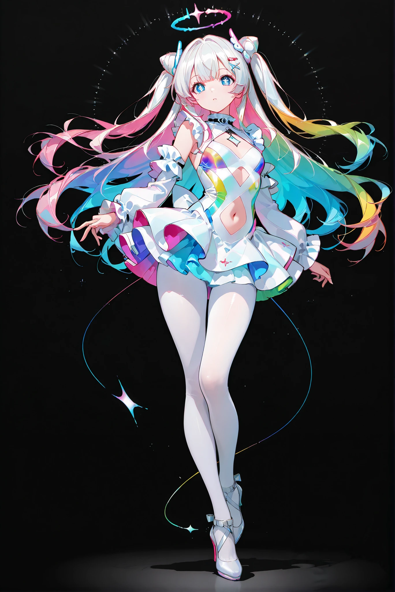 ,(HUGE BEAUTIFUL BIG ) ,U-shaped clip、 ,limited palette, Black Background ,Colorful, vivid colors ,Flashing silhouette ,neon,black light ,watch, Masterpiece, very beautiful ,, ( stands,whole body, high heels:1.7),Ctianmus3, +_+, blue eyes,short dress, white pantyhose, detached sleeves, clothing cutout, navel, frilled sleeves,