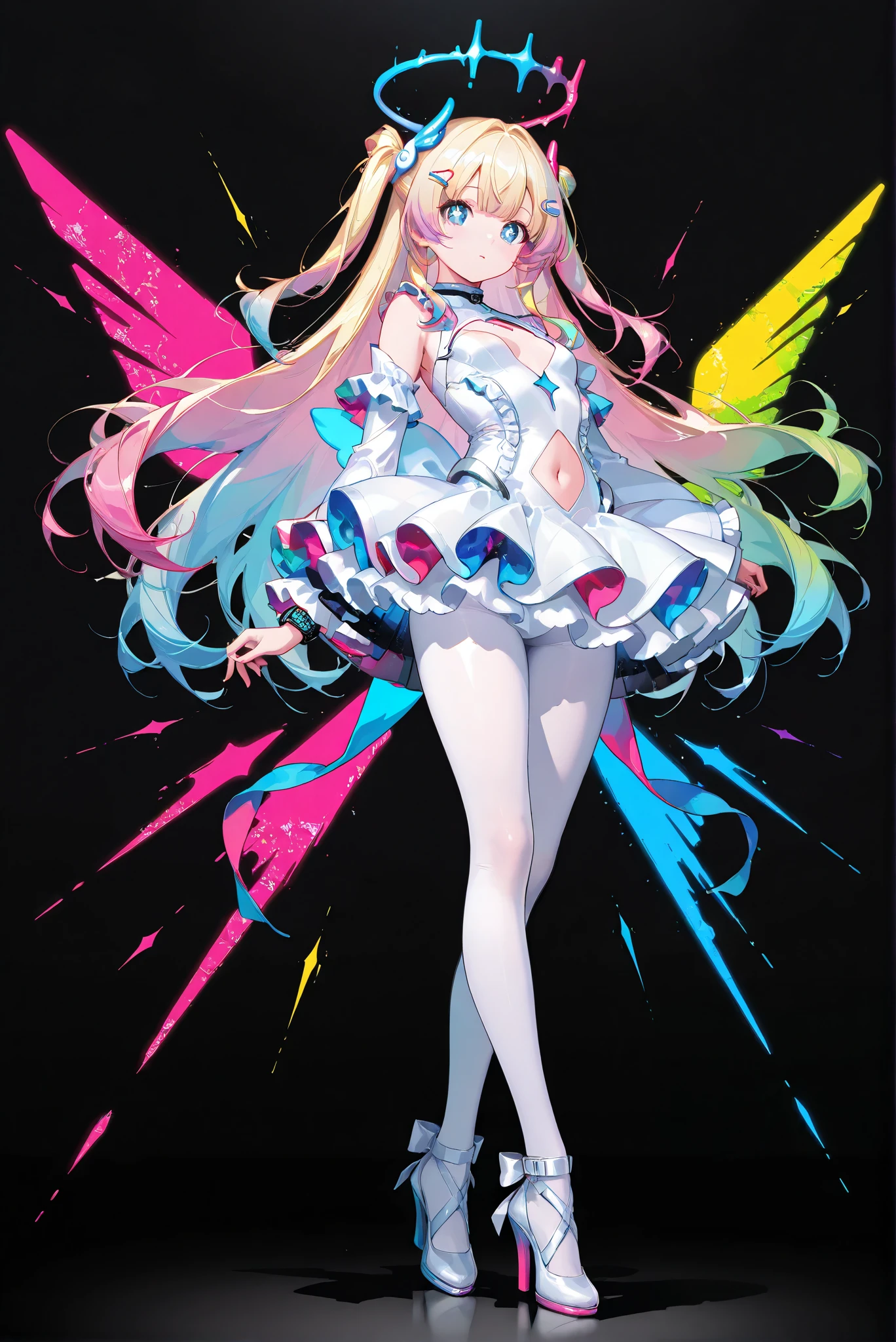 ,(HUGE BEAUTIFUL BIG ) ,U-shaped clip、 ,limited palette, Black Background ,Colorful, vivid colors ,Flashing silhouette ,neon,black light ,watch, Masterpiece, very beautiful ,, ( stands,whole body, high heels:1.7),Ctianmus3, +_+, blue eyes,short dress, white pantyhose, detached sleeves, clothing cutout, navel, frilled sleeves,
