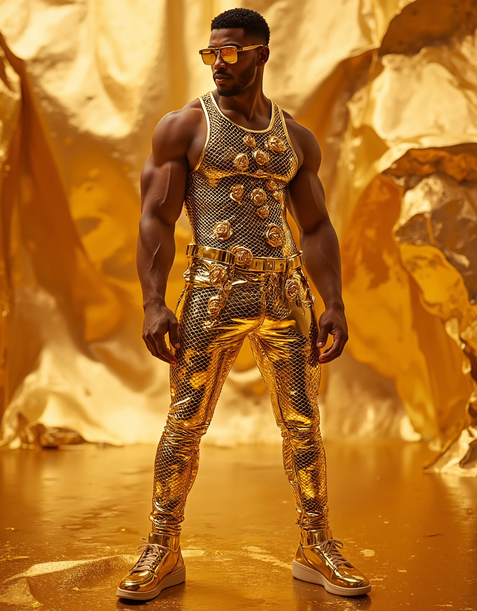 Masterpiece, Accurate, Award Winning, Best Quality, Extremely Detailed, 8K, HD, Super-Resolution, Cinematic Lighting, F/11 Depth Of Field, Photorealistic, Full Coloured, Shot on 70mm, 5D. A ((striking male model)) stands in the centre of a high-fashion photoshoot, his ((sculpted physique accentuated by a chrome-gold chain mail tank top)) that drapes over his torso like liquid metal. The intricate mesh shimmers under the studio lights, its surface adorned with ((ornate gold roses delicately woven into the fabric)), their petals reflecting the golden glow around him. His lower body is clad in ((chrome-gold fitted jeans that hug his muscular legs, the metallic finish sculpting every line of his powerful thighs and defined calves)). The high-shine fabric catches the light, creating sleek, fluid reflections that enhance the futuristic aesthetic. A pair of ((polished gold sunglasses with a sleek, geometric design)) rests on his strong, angular face, partially obscuring his intense gaze. His expression remains poised and effortless, embodying confidence and elegance. On his feet, he wears ((gleaming gold sneakers with a high-shine metallic finish, intricate detailing, and thick soles that enhance his commanding presence)). The shoes’ reflective surfaces blend seamlessly with the aesthetic, grounding the entire look in opulence. The backdrop is an immersive expanse of ((gold, layered with shimmering textures and subtle patterns, creating a sense of depth and luxury)). The lighting is strategically placed to highlight the metallic brilliance of the outfit, casting a warm golden glow across his smooth skin. The interplay of reflective surfaces and soft gradients creates a mesmerising effect, making the model appear almost sculptural, as though forged from gold itself. His stance is both powerful and fluid, his arms relaxed yet intentional, radiating an aura of modern royalty and high-fashion dominance.
