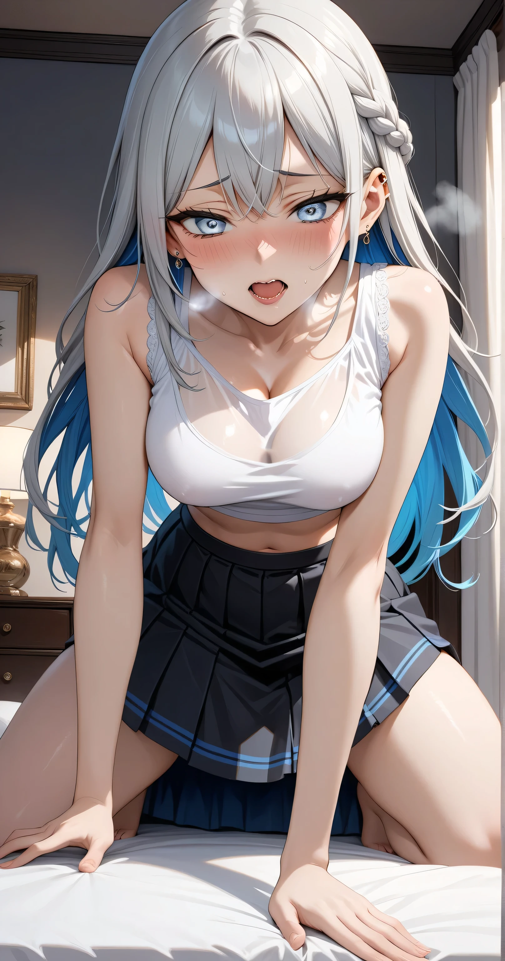 (cute eyes), (8K、Best image quality、highest quality、masterpiece)、Detailed face、Improve、open mouth, skinny body, medium breasts, ,Light blue striped underwear, cleavage, all fours, Classroom Background, black stockings, Thighs, Waistline, from behind