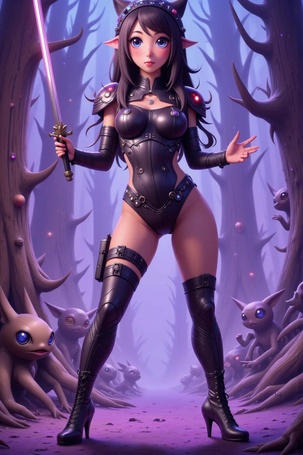 make a magic, in a sexy black outfit, with a staff of purple power, sexy clothes, sadomasochist, exhibitionist, showing the vagina