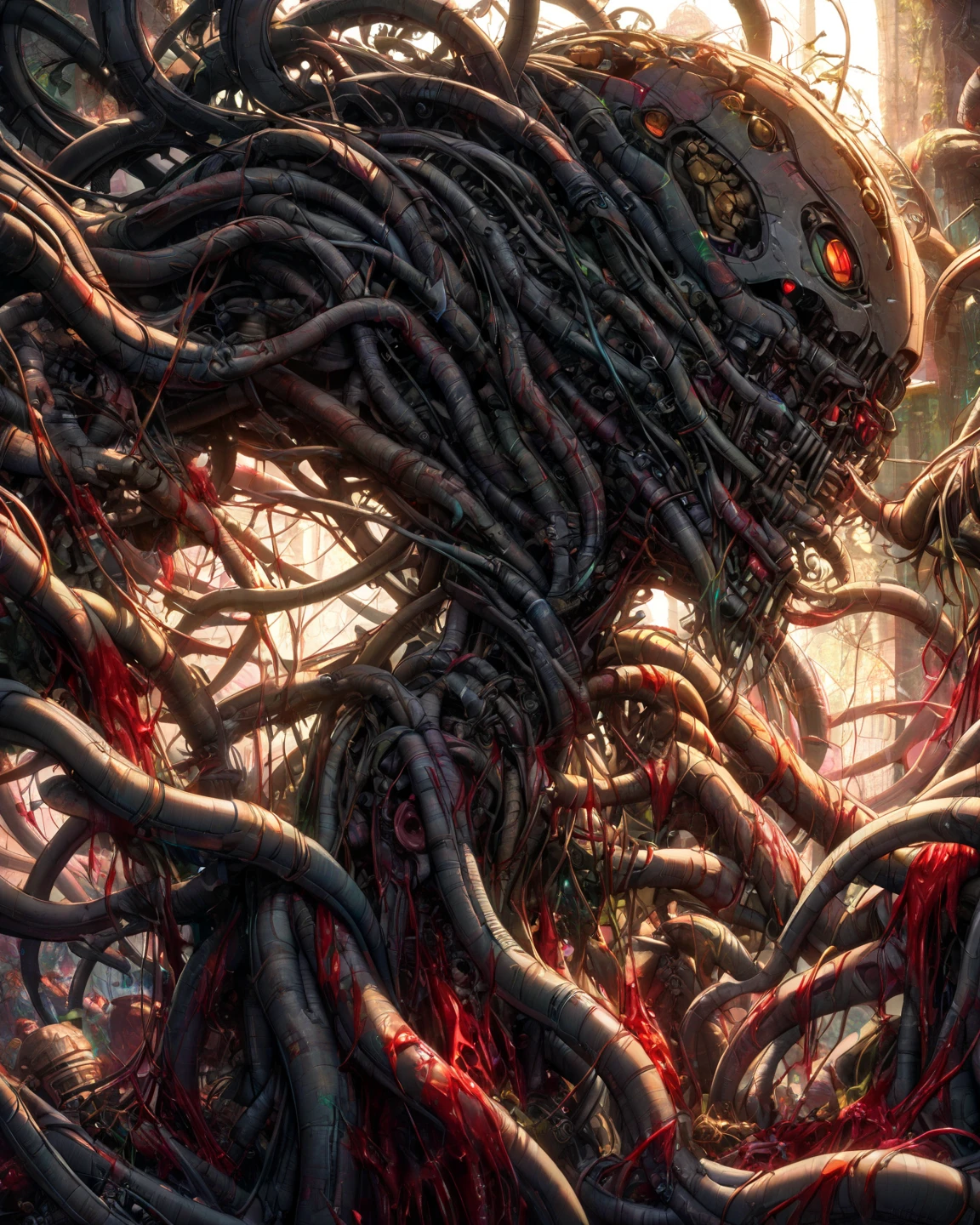 Transform nuts into eerie, horror-themed entities within a nightmarish scene. Utilize dark, atmospheric elements and fractal patterns inspired by the unsettling work of H.R. Giger.