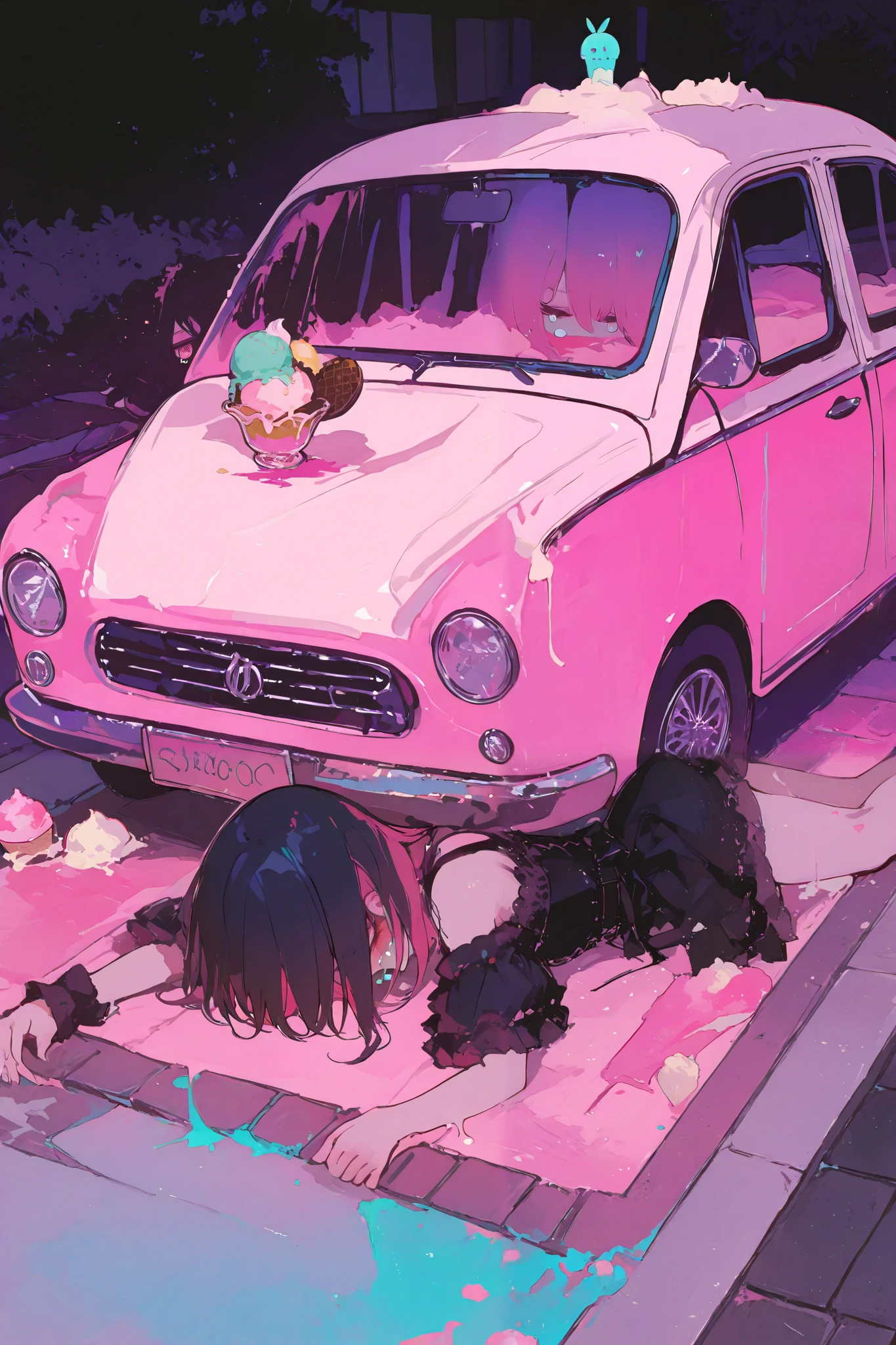 General,SakimiStyle,xxx667_illu,748cmstyle,dark gothic, masterpiece, best quality, ultra-detailed, pastel tones, long shot,chibi, young girl lying face down on the ground in front of an ice cream shop's kitchen car, her crying, wearing a casual summer outfit, the ice cream she bought lying on the ground, scattered and melting, unable to be eaten anymore, her hand still outstretched as if trying to grasp what is now lost, soft afternoon sunlight casting gentle shadows, the bright and colorful kitchen car in the background, detailed depiction of the fallen ice cream with different flavors mixing on the pavement, focus on the girl's defeated posture and the humorous yet sad situation, warm and soft color palette, conveying a sense of irony and disappointment, the atmosphere is a blend of lightheartedness and quiet resig