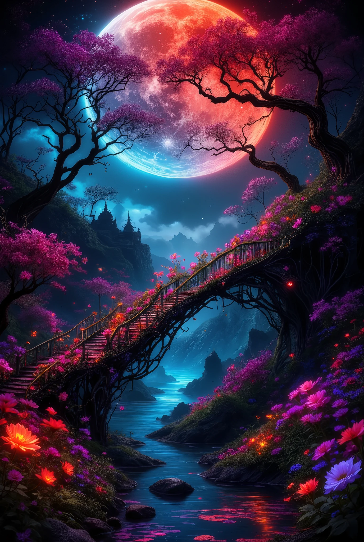  A bridge of beautiful flowers ,  THE COLOR of the trees bloom on this bridge, magic and mysticism ,  vines weave and beautifully create , fog,  red, black and blue moon color , a river,  Masterpiece , 8 k,  best quality,  a maximum of details ,  complicated details, fantasy style,