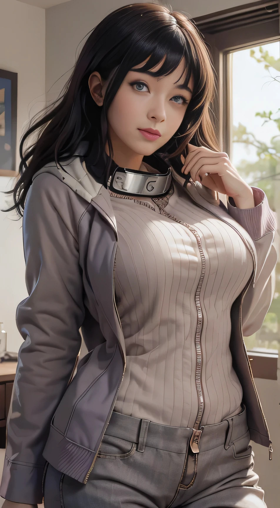 masterpiece, high quality, highres, 1girl, solo,
ChopioHinata, looking at viewer, blunt bangs, long hair, blush, white eyes, no pupils,
outfit1, hooded jacket, jacket, long sleeves, purple jacket, fishnet undershirt, pants, bandages, forehead protector, konohagakure symbol, mesh shirt,
living room, indoors,
standing, large breasts, cleavage, seductive smile, seductive pose, (straight-on:1), hands behind back, cowboy shot,
