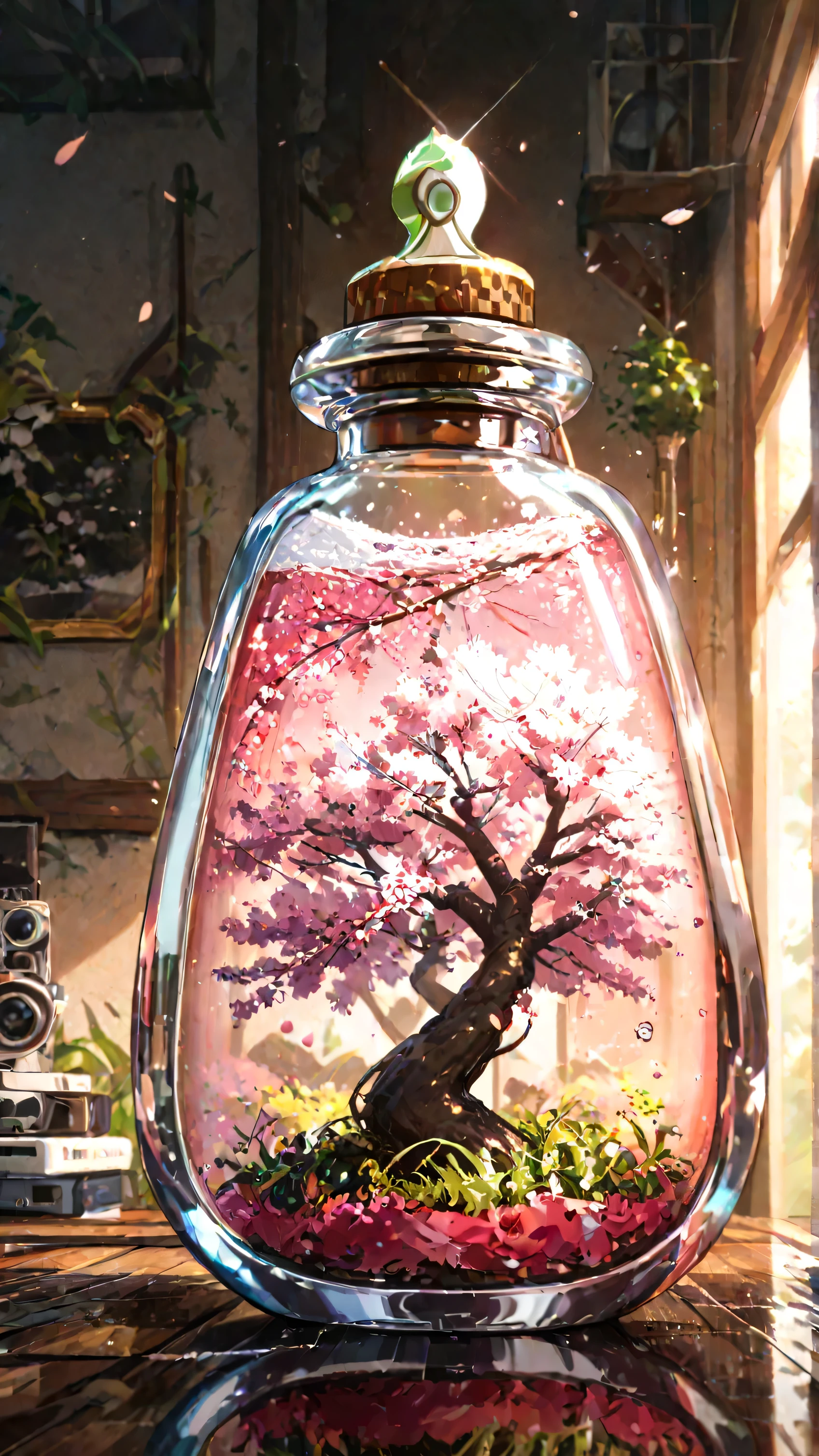 Cherry tree in a bottle, fluffy, by Nomi, Atmospheric Light Refraction , photograph: Lee Jeffries , Nikon d850 film Stock Photo 4 Kodak Portra 400 camera f1.6 Lenses, Wide range of colors, ultra by Nomi by Nomi textures, Dramatic Lighting, Unreal Engine trending on ArtStation Cinestil 800, wall-like
