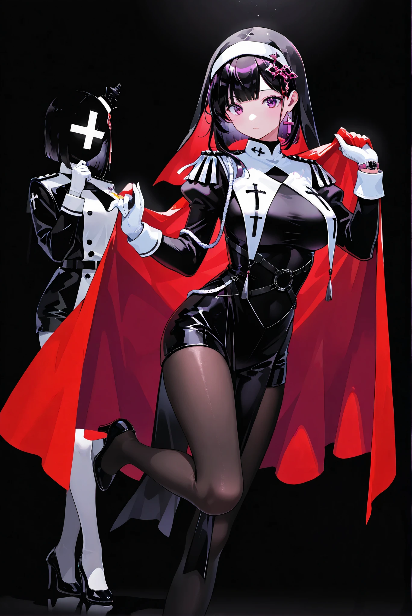 ,limited palette, Black Background ,Colorful, vivid colors ,Flashing silhouette ,neon,black light ,watch,  Masterpiece,  very beautiful ,ruanyi0847,bodysuit,breast curtains,dress,nun,pantyhose,pelvic curtain,（ stands，whole body， high heels:1.7)，long sleeves,military uniform,shorts,red cape,epaulettes,aiguillette,pantyhose,white gloves,yamashiro ren,purple eyes,black hair,hair ornaments,

