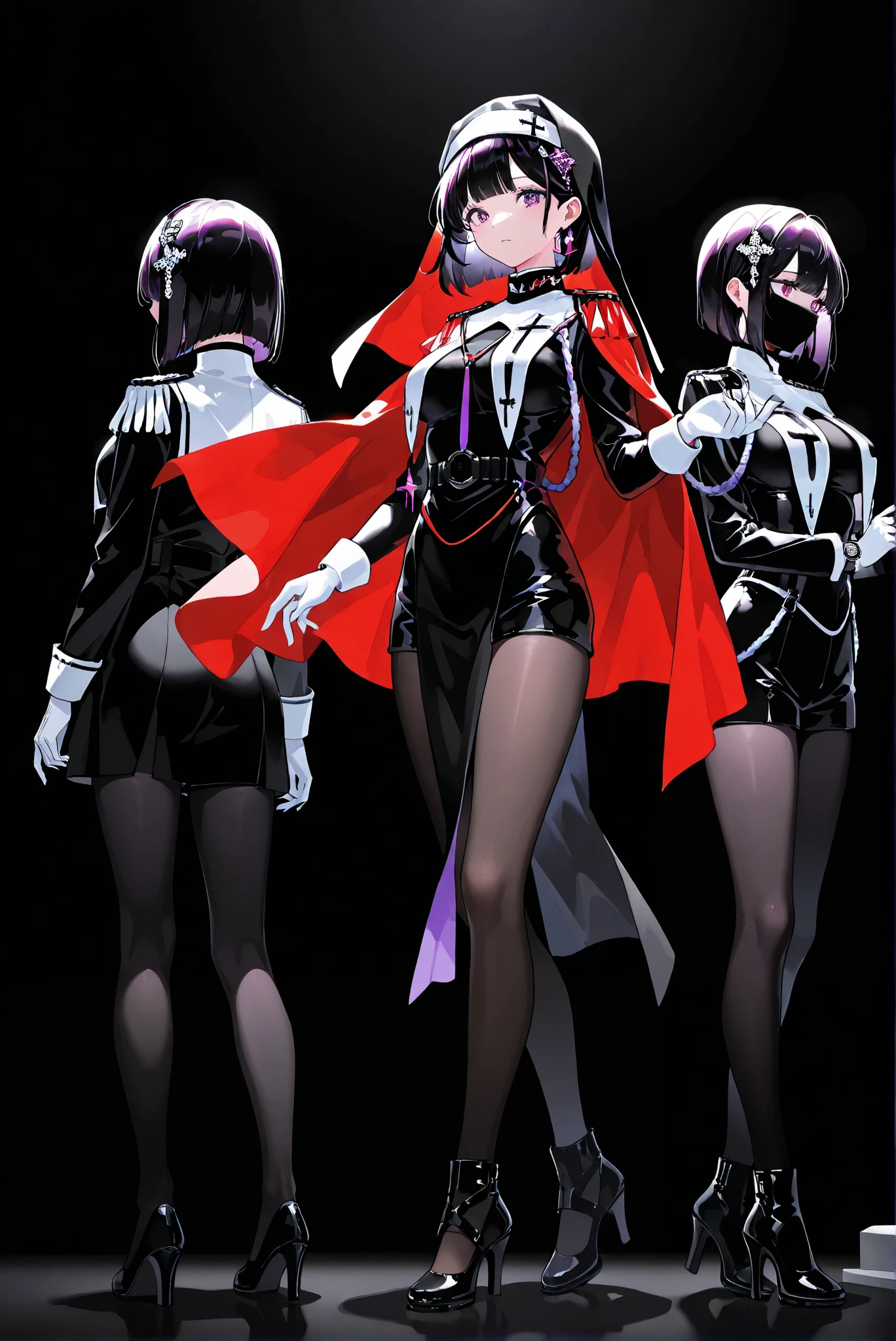 ,limited palette, Black Background ,Colorful, vivid colors ,Flashing silhouette ,neon,black light ,watch, Masterpiece, very beautiful ,ruanyi0847,bodysuit,breast curtains,dress,nun,pantyhose,pelvic curtain,( stands,whole body, high heels:1.7),long sleeves,military uniform,shorts,red cape,epaulettes,aiguillette,pantyhose,white gloves,yamashiro ren,purple eyes,black hair,hair ornaments,