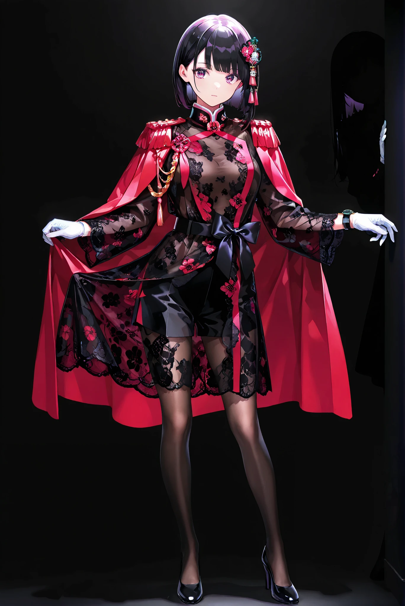 ,limited palette, Black Background ,Colorful, vivid colors ,Flashing silhouette ,neon,black light ,watch, Masterpiece, very beautiful ,floral mesh robe, long sleeves, see-through, satin bow belt
( stands,whole body, high heels:1.7),long sleeves,military uniform,shorts,red cape,epaulettes,aiguillette,pantyhose,white gloves,yamashiro ren,purple eyes,black hair,hair ornaments,