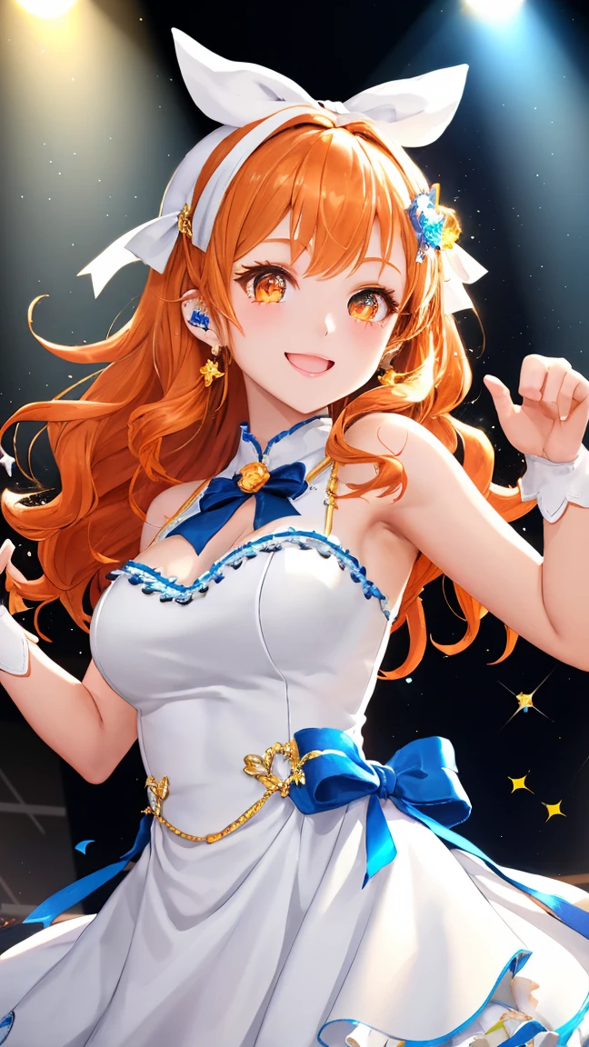 tiny girl,Colossal tits,bared chest,idol costume,Striped panties,Smile with open mouth,Orange hair,hair adornments,Heterochromia,Top image quality,Best Quality