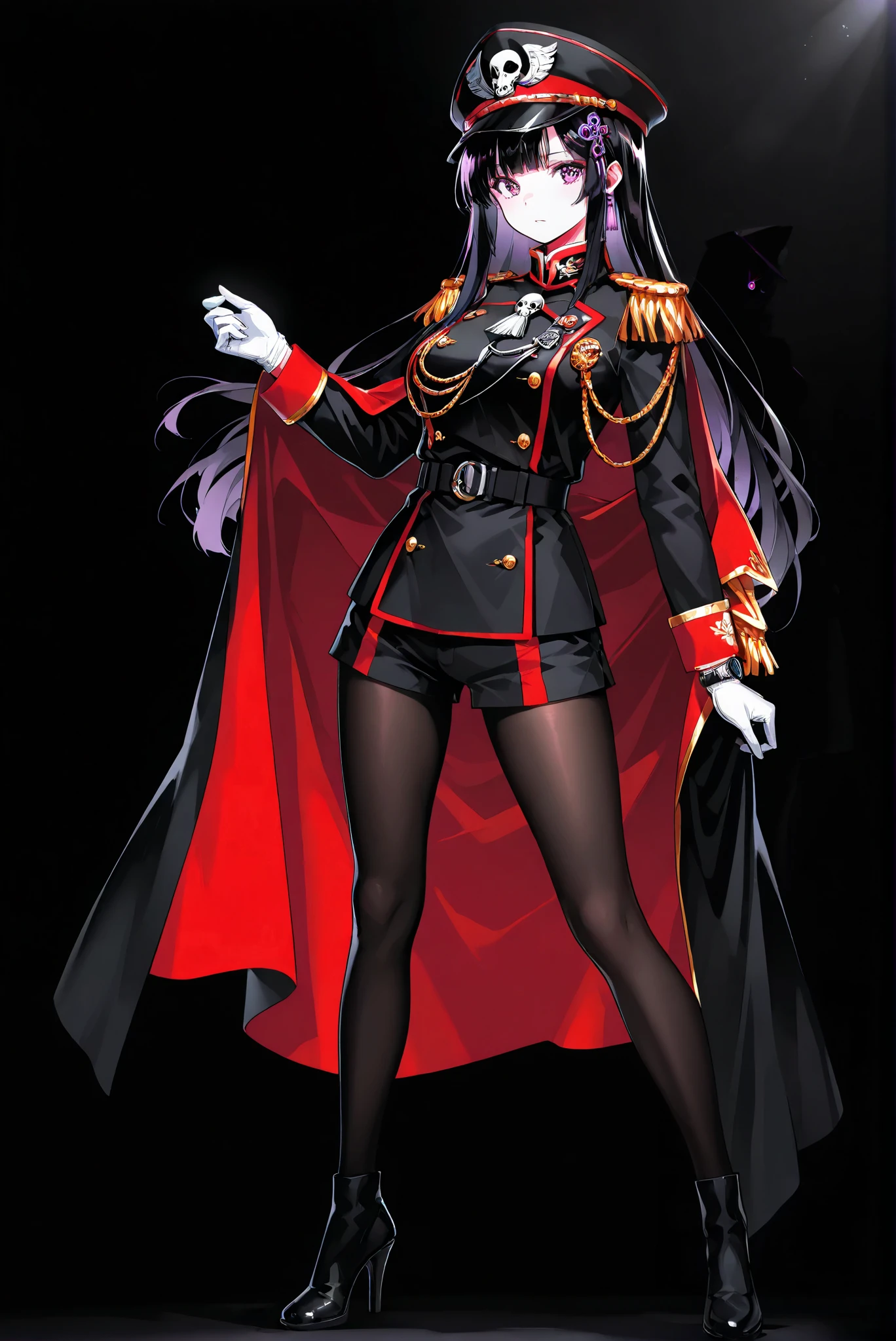 ,limited palette, Black Background ,Colorful, vivid colors ,Flashing silhouette ,neon,black light ,watch, Masterpiece, very beautiful ,edgCommissar,black headwear, scar, epaulettes, black coat ,wearing edgCommissar,artificial eye,skull emblem,millitary uniform, stands,whole body, high heels:1.7),long sleeves,military uniform,shorts,red cape,epaulettes,aiguillette,pantyhose,white gloves,yamashiro ren,purple eyes,black hair,hair ornaments,