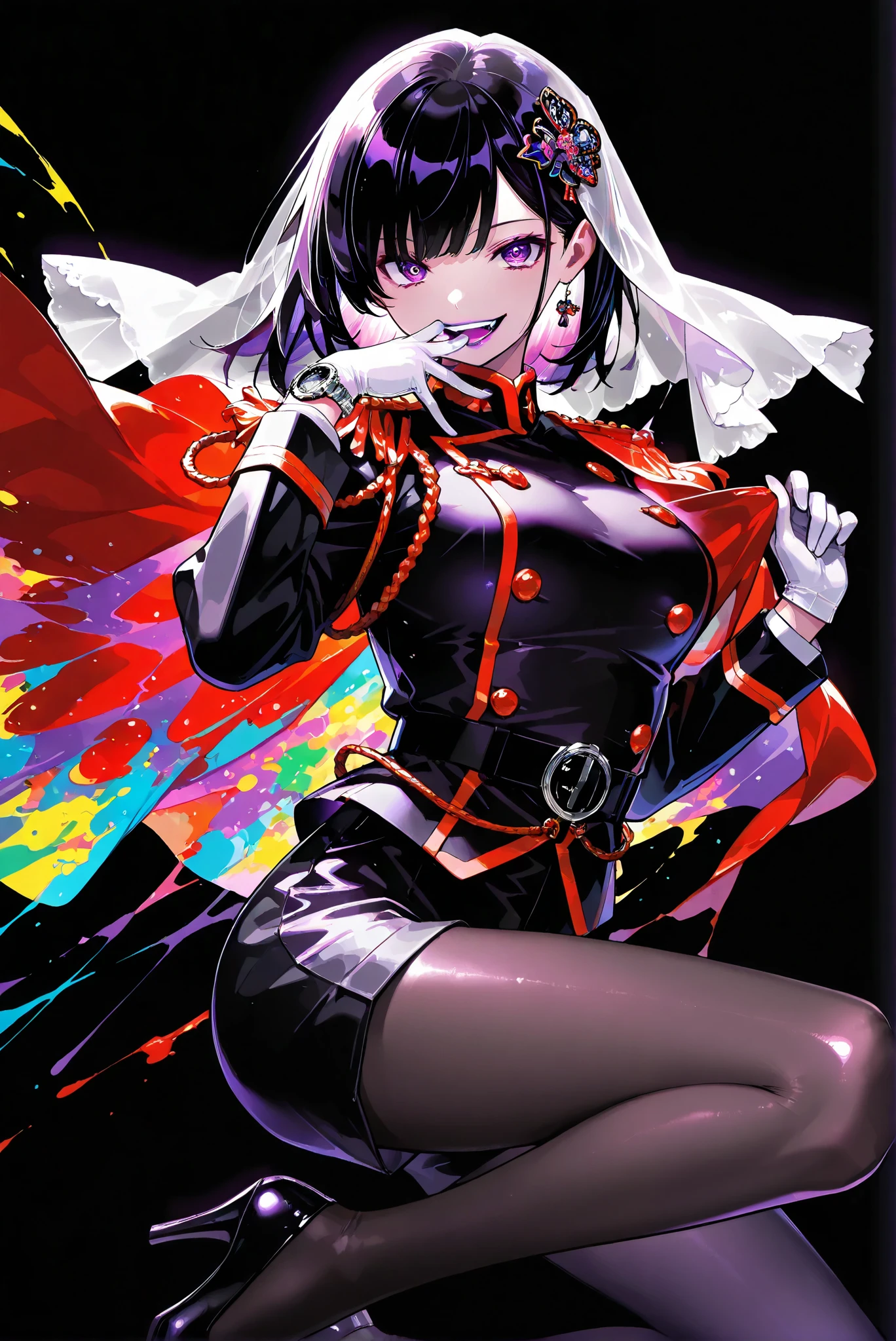 ),(Purple Eye, halved eyes :1.3, Rotating Eyes , Normal breast, evil smile , Shiny Purple Lipstick , Mouth open ),,( Cover Her Mouth 透明 の veil:1.3, veil, Cover Her Mouth ),
,limited palette, Black Background ,Colorful, vivid colors ,Flashing silhouette ,neon,black light ,watch, Masterpiece, very beautiful ,, ( stands,whole body, high heels:1.7),long sleeves,military uniform,shorts,red cape,epaulettes,aiguillette,pantyhose,white gloves,yamashiro ren,purple eyes,black hair,hair ornaments,