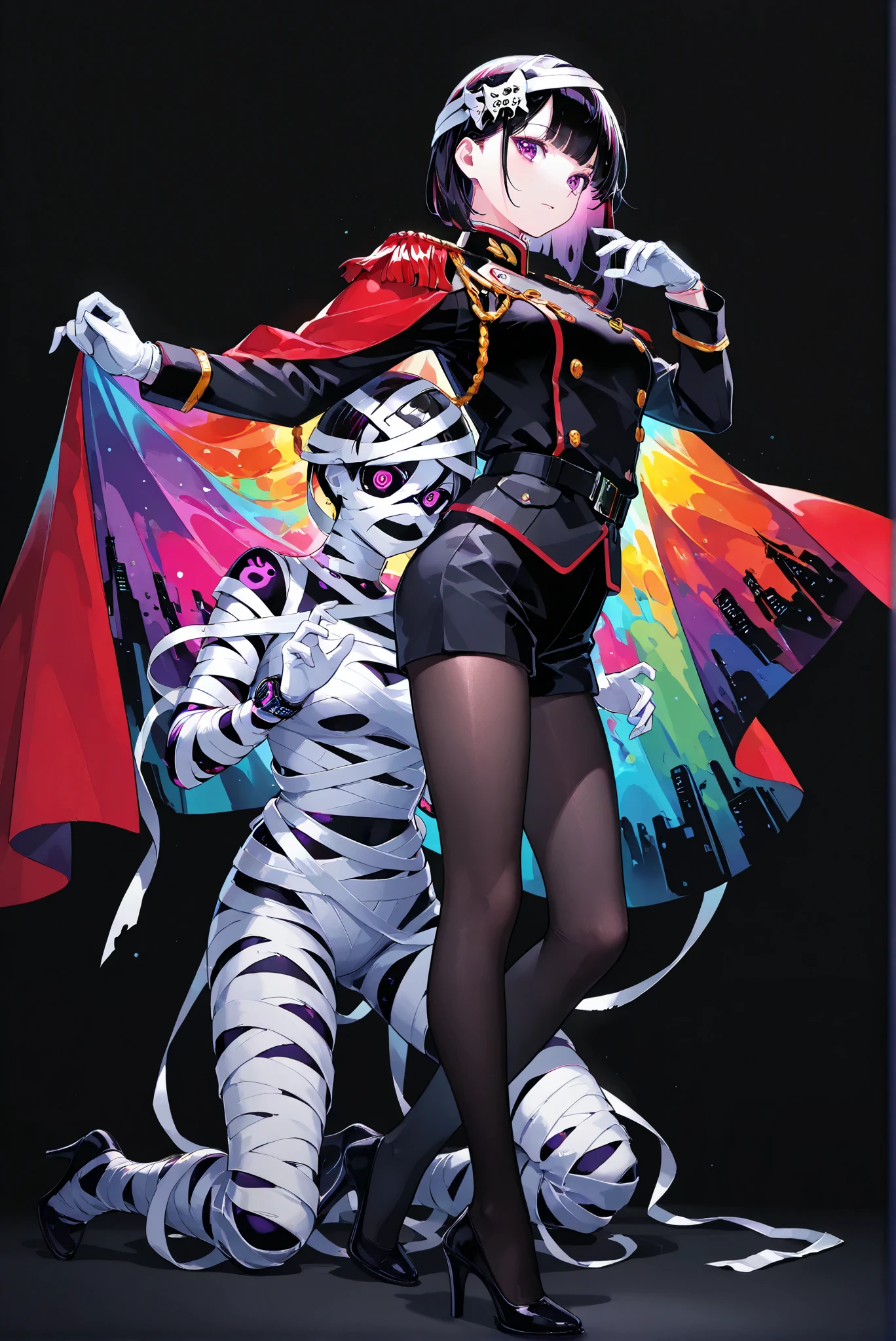 ,(mummy:1.3),(一個包裹whole body的繃帶 :1.3,),,limited palette, Black Background ,Colorful, vivid colors ,Flashing silhouette ,neon,black light ,watch, Masterpiece, very beautiful ,, ( stands,whole body, high heels:1.7),long sleeves,military uniform,shorts,red cape,epaulettes,aiguillette,pantyhose,white gloves,yamashiro ren,purple eyes,black hair,hair ornaments,