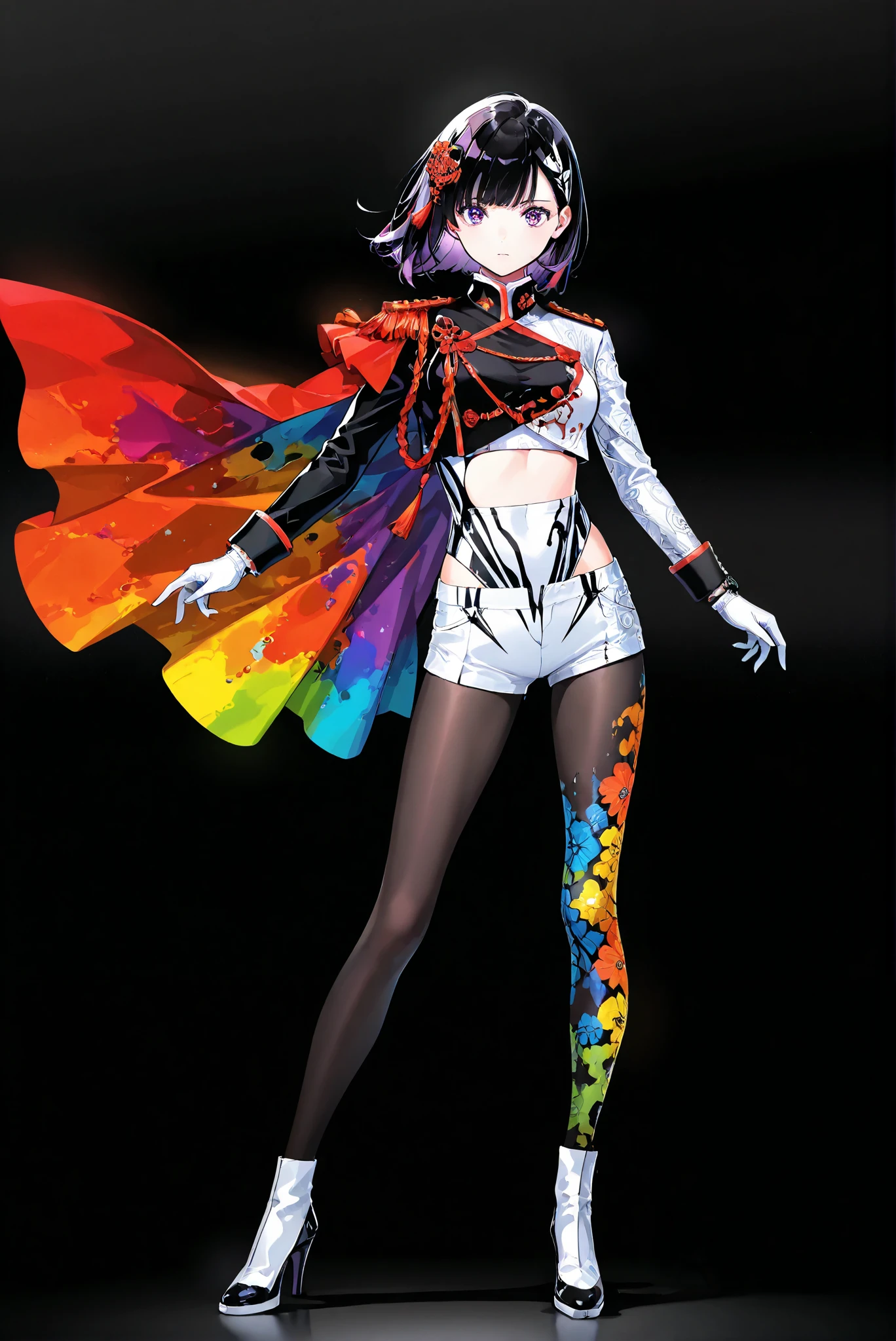 hud_asym_leot4rd , bodysuit, asymmetrical clothes, midriff, white leotard, single pants
,limited palette, Black Background ,Colorful, vivid colors ,Flashing silhouette ,neon,black light ,watch, Masterpiece, very beautiful ,, ( stands,whole body, high heels:1.7),long sleeves,military uniform,shorts,red cape,epaulettes,aiguillette,pantyhose,white gloves,yamashiro ren,purple eyes,black hair,hair ornaments,