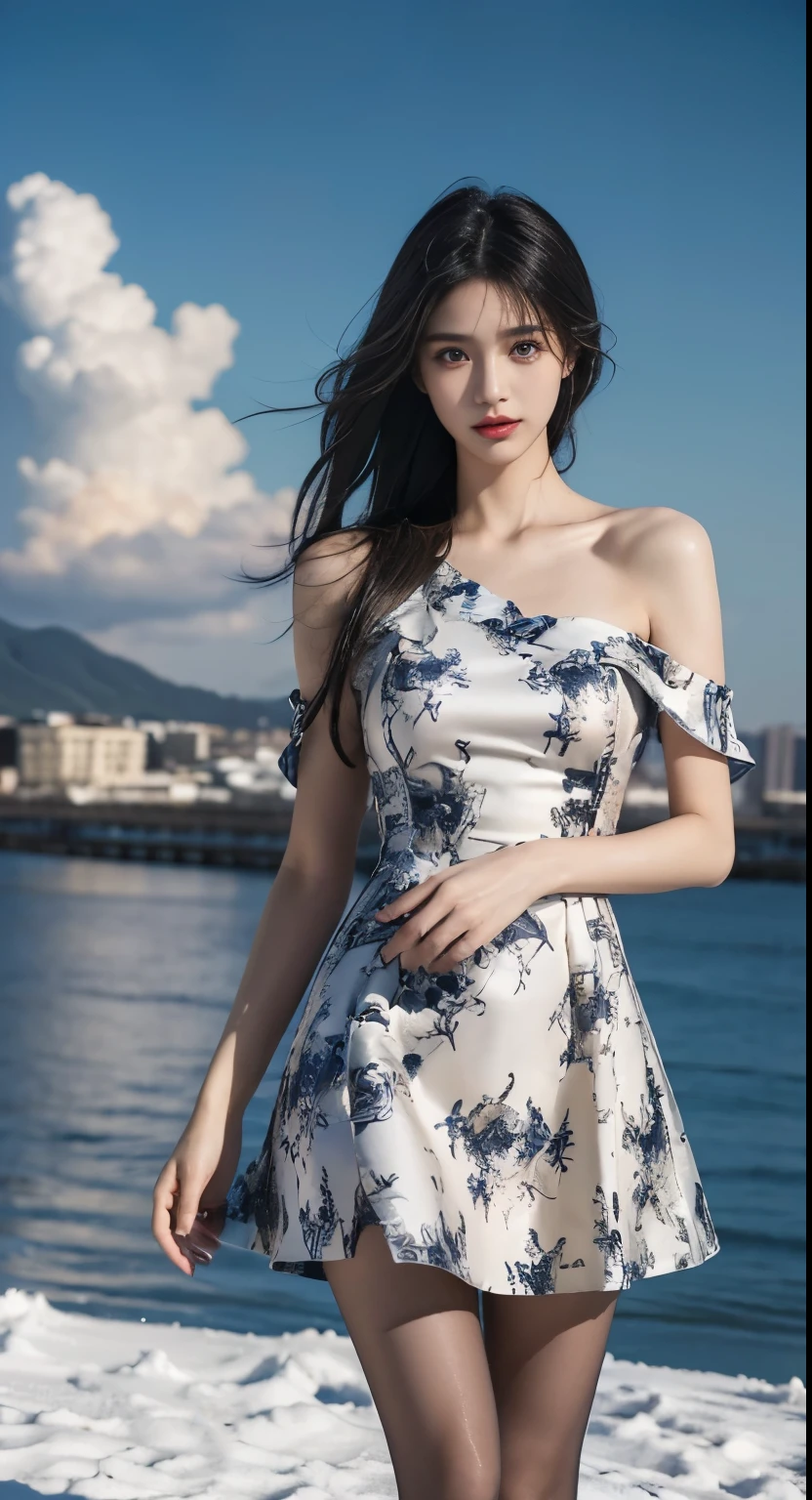 cns dress, dress, china dress, pantyhose, hight heels, ((cowboy shot)), ((Bare shoulder)), ((Short hemlines, sexy long legs)), realistic detailed photo of a giant breasted girl with exposed shoulders, detailed fingers, high quality skin, red eyes, alone in a winter scene with clouds, wind, and flowing hair, (best quality,4k,8k,highres,masterpiece:1.2),ultra-detailed,(realistic,photorealistic,photo-realistic:1.37),studio lighting,vivid colors