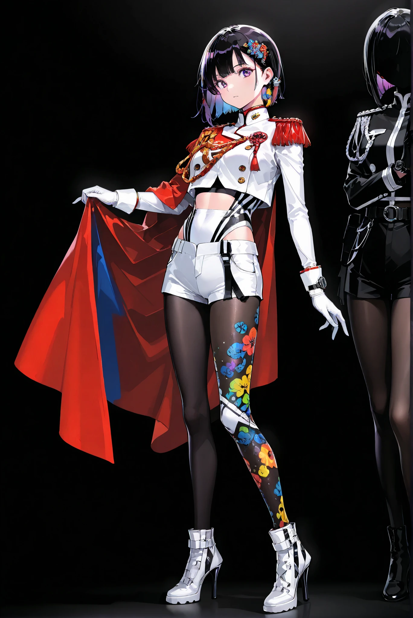 hud_asym_leot4rd , bodysuit, asymmetrical clothes, midriff, white leotard, single pants
,limited palette, Black Background ,Colorful, vivid colors ,Flashing silhouette ,neon,black light ,watch, Masterpiece, very beautiful ,, ( stands,whole body, high heels:1.7),long sleeves,military uniform,shorts,red cape,epaulettes,aiguillette,pantyhose,white gloves,yamashiro ren,purple eyes,black hair,hair ornaments,