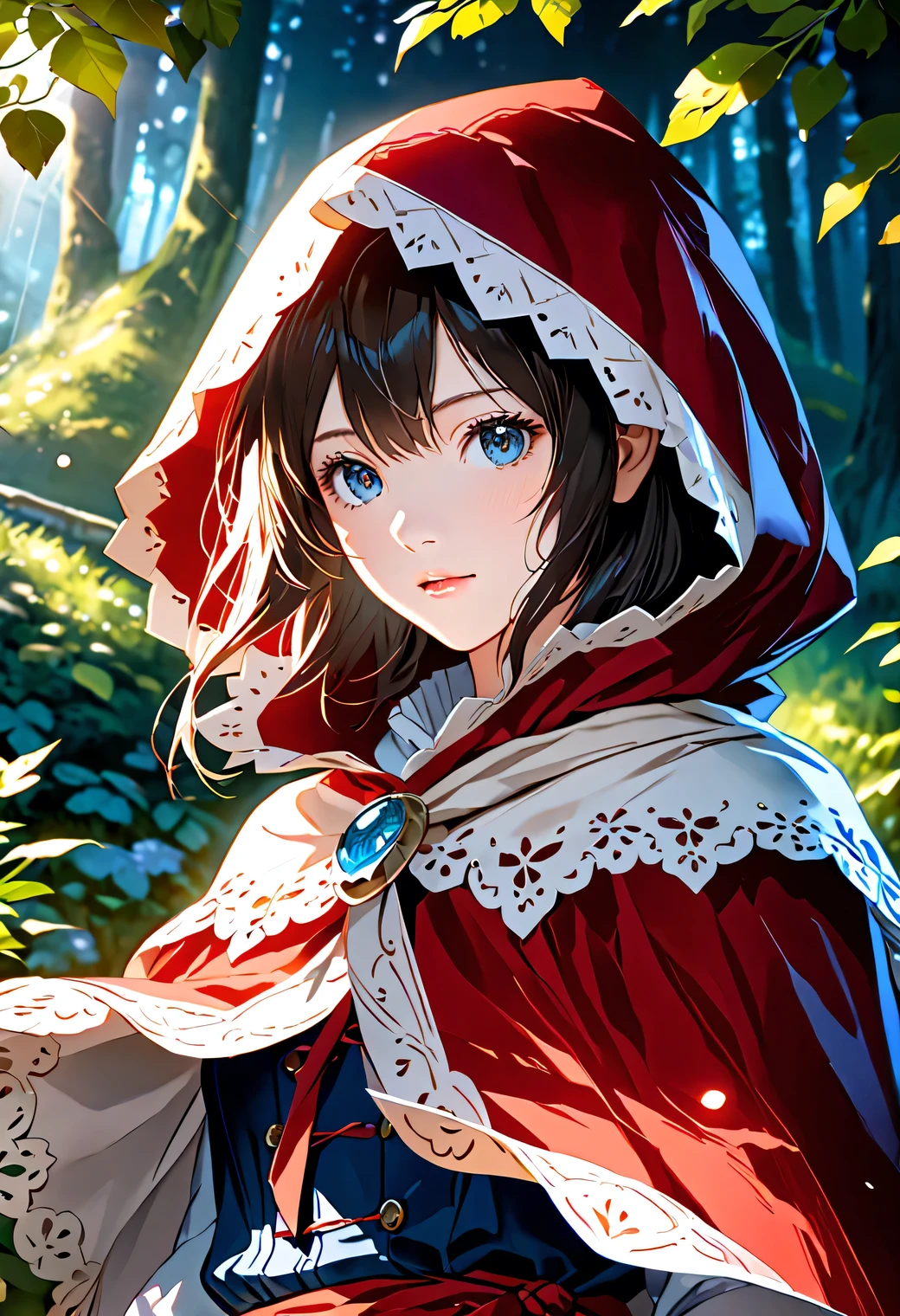 beautiful anime girl, semi-realistic style, flowing red hood cape, studio ghibli inspired, detailed anime face, large expressive emerald eyes, detailed hair shading, soft anime lighting, fantasy forest background, detailed fabric folds, anime aesthetic, realistic shading, detailed skin texture, beautiful lighting, cinematic composition, premium quality, high detail illustration, Makoto Shinkai style, realistic hair shine, detailed eye reflection, ornate clothing details, fantasy elements, magical atmosphere, realistic proportions, detailed facial features, high quality shadows, subtle cel shading, fine detail line art, realistic fabric textures, anatomically correct features, volumetric lighting