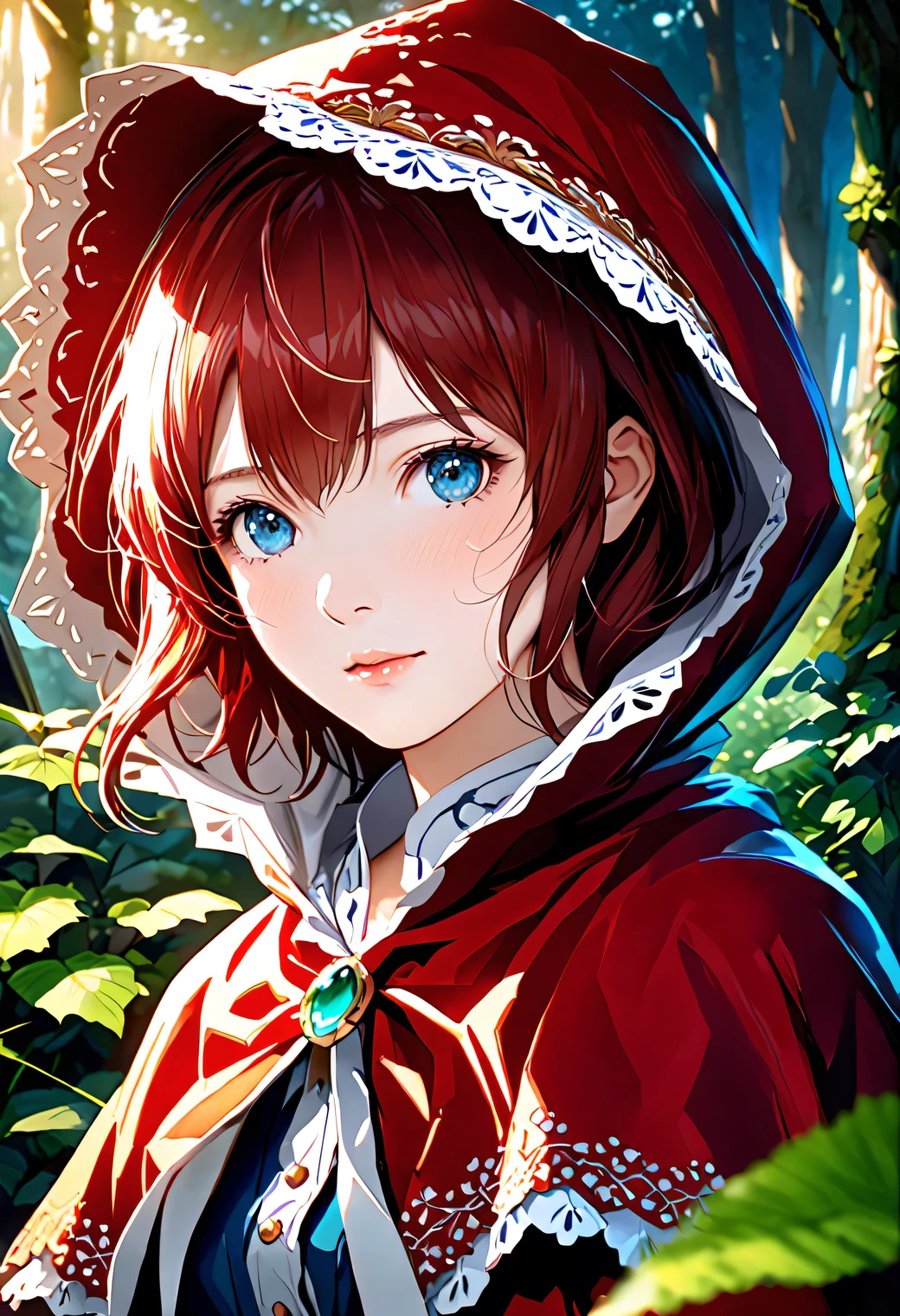 beautiful anime girl, semi-realistic style, flowing red hood cape, studio ghibli inspired, detailed anime face, large expressive emerald eyes, detailed hair shading, soft anime lighting, fantasy forest background, detailed fabric folds, anime aesthetic, realistic shading, detailed skin texture, beautiful lighting, cinematic composition, premium quality, high detail illustration, Makoto Shinkai style, realistic hair shine, detailed eye reflection, ornate clothing details, fantasy elements, magical atmosphere, realistic proportions, detailed facial features, high quality shadows, subtle cel shading, fine detail line art, realistic fabric textures, anatomically correct features, volumetric lighting