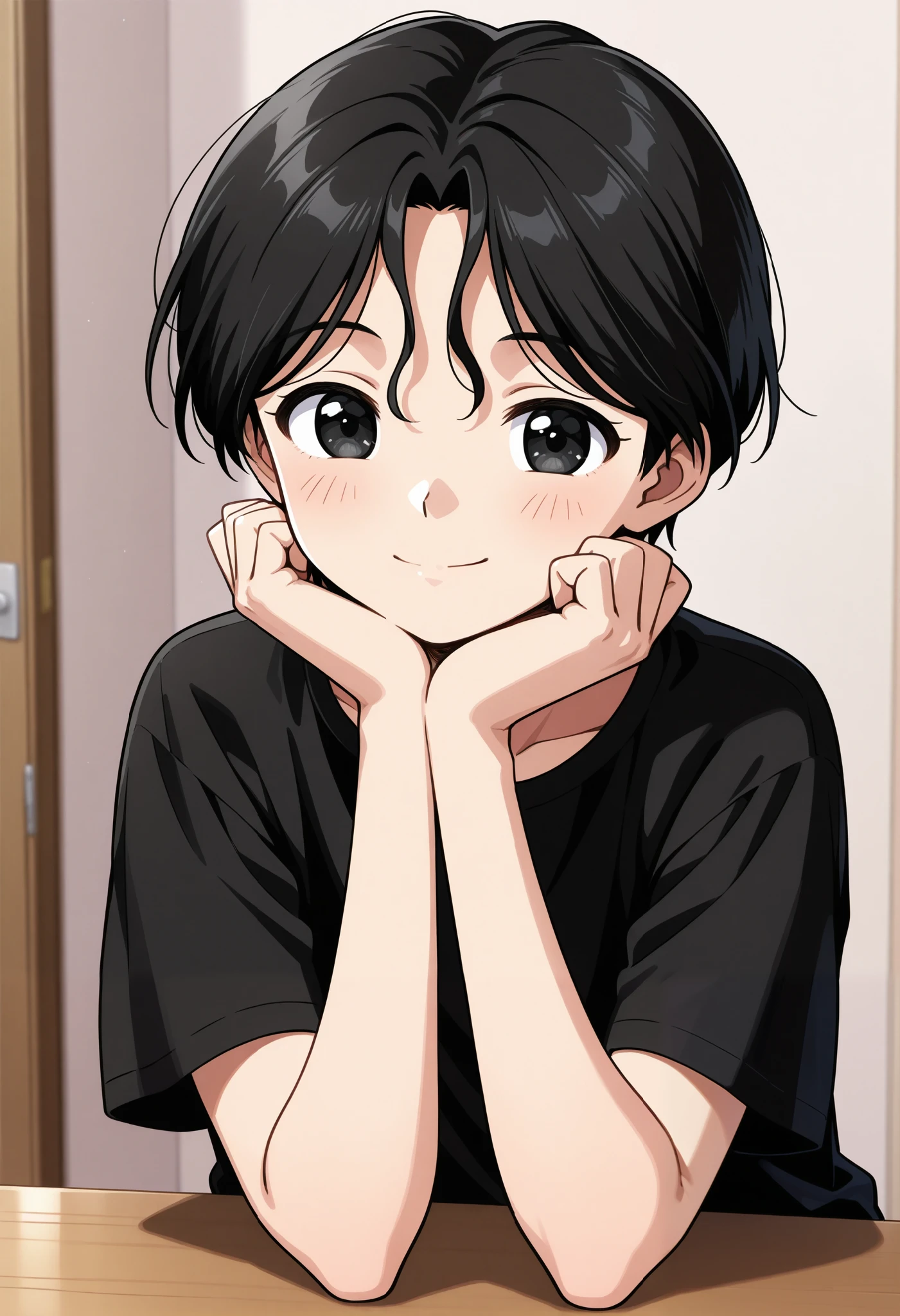 Boy, black hair, black eyes, smile, cute, short sleeve black t-shirt